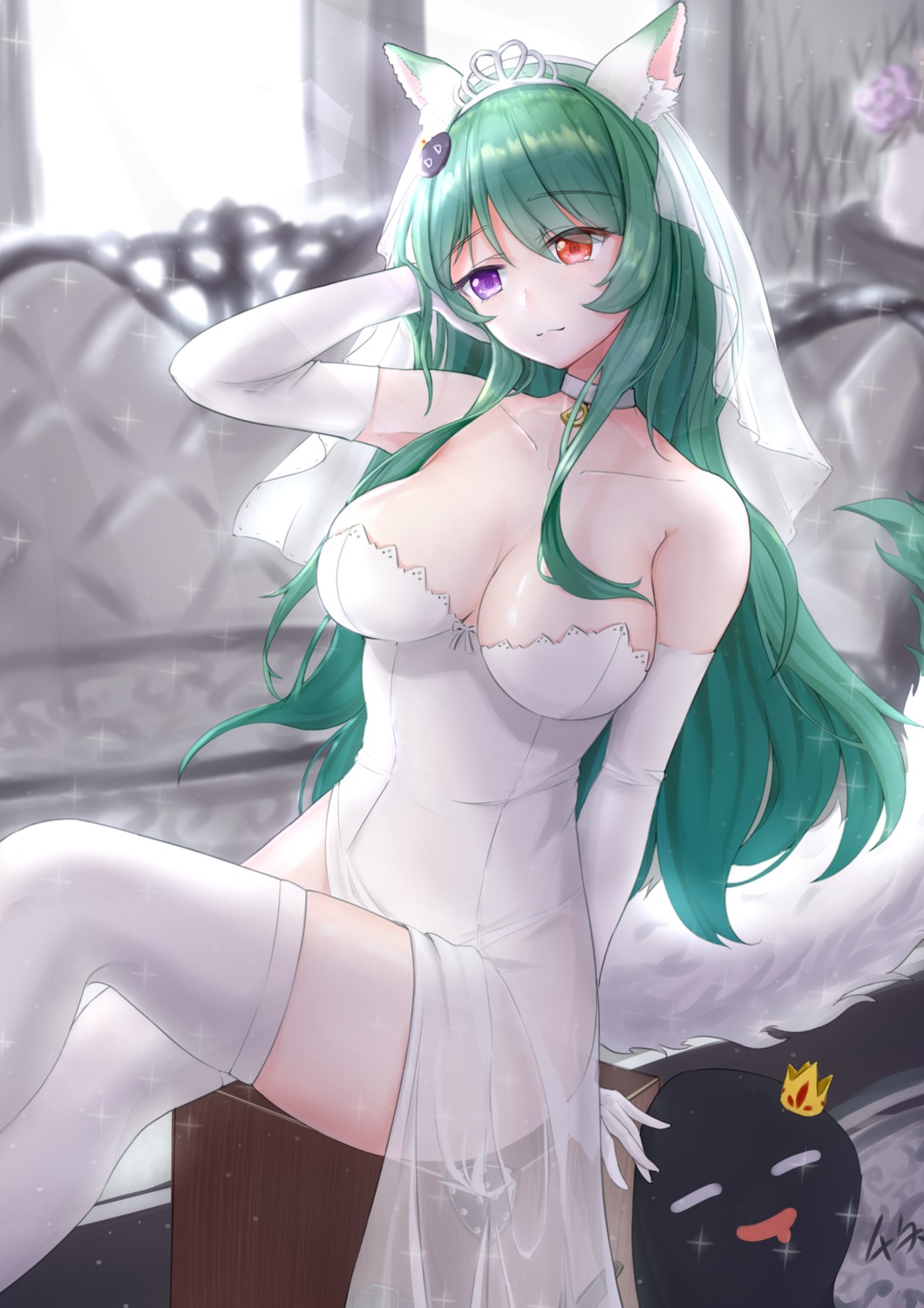 animal_ears dress heterochromia no_bra nopan qianze_chia see_through skirt_lift tail thighhighs wedding_dress