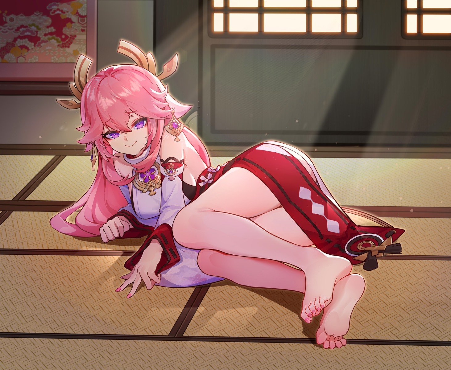 animal_ears feet genshin_impact japanese_clothes kitsune no_bra skirt_lift wucanming yae_miko