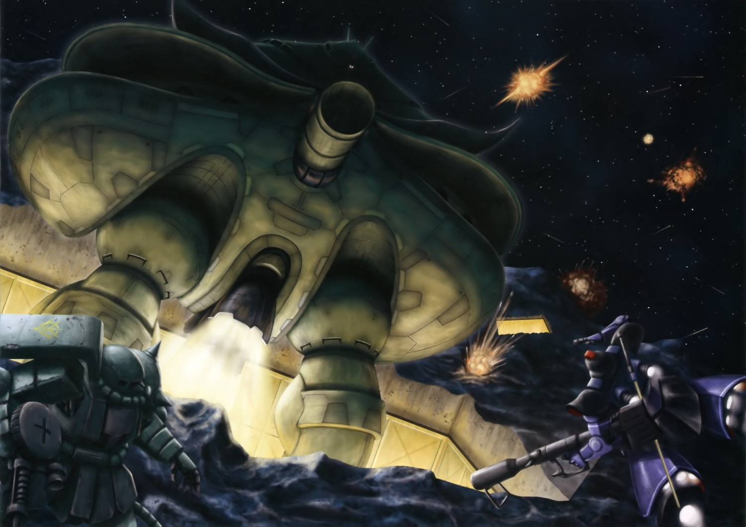 big_zam gundam mecha mobile_suit_gundam ms-06_zaku_ii ms-09_dom