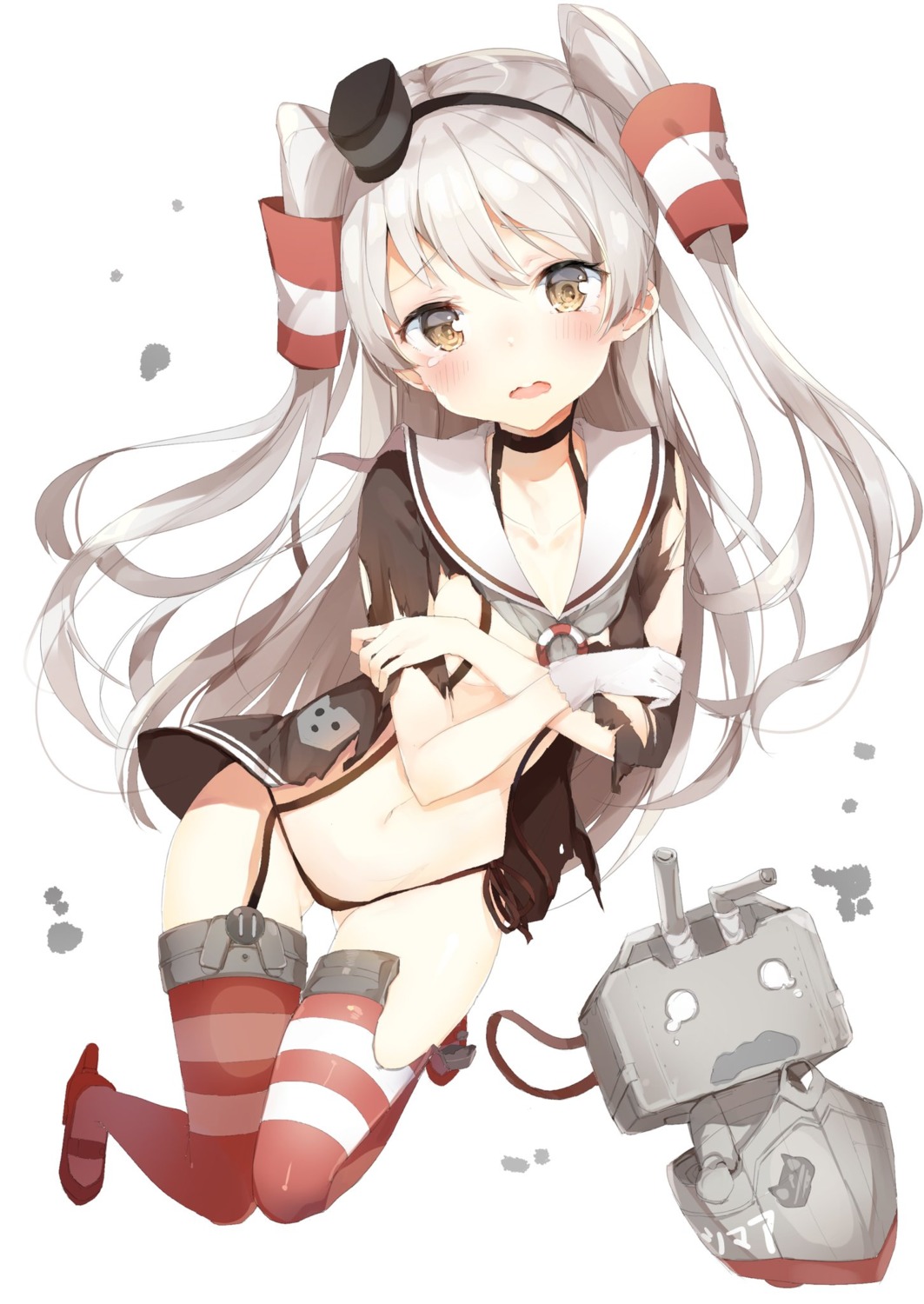 amatsukaze_(kancolle) breast_hold heels kantai_collection no_bra pantsu rensouhou-kun seifuku stockings string_panties thighhighs torn_clothes umibouzu