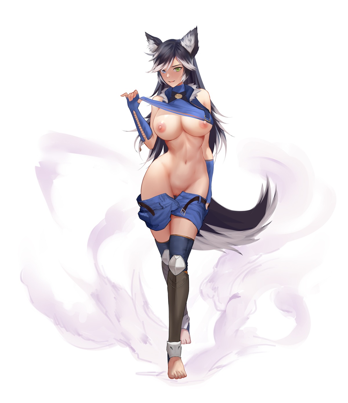 animal_ears azto_dio breasts heterochromia nipples no_bra nopan pussy shirt_lift tail thighhighs uncensored undressing