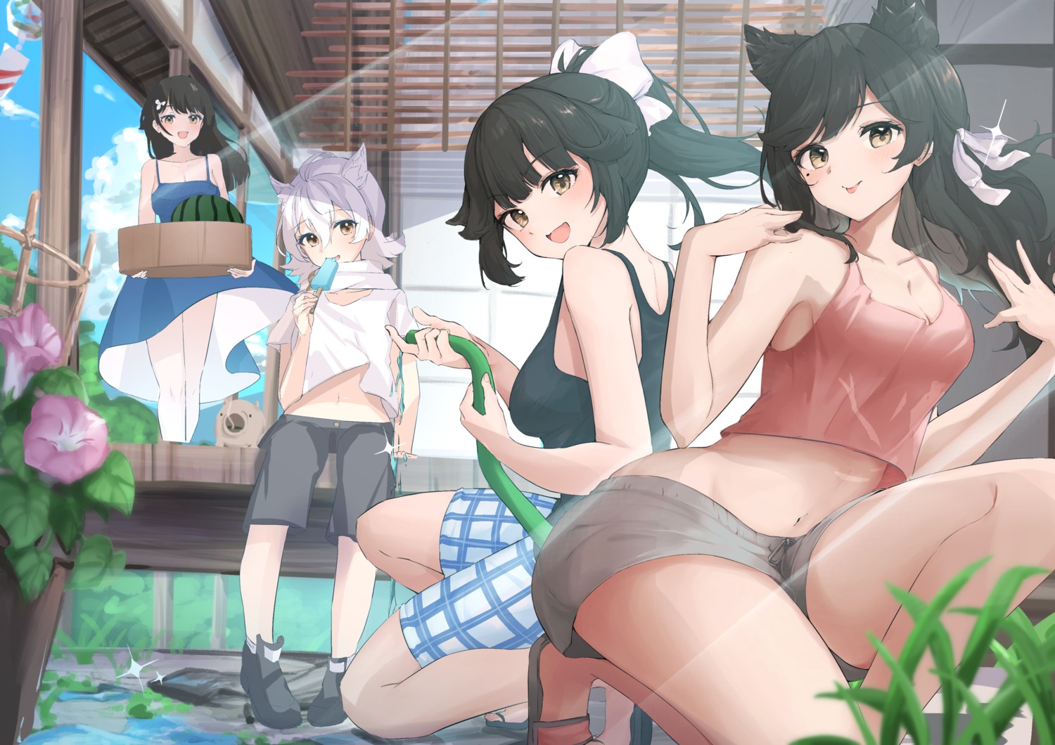 animal_ears atago_(azur_lane) azur_lane choukai_(azur_lane) cleavage dress maya_(azur_lane) no_bra skirt_lift summer_dress takao_(azur_lane) tetora_teapot