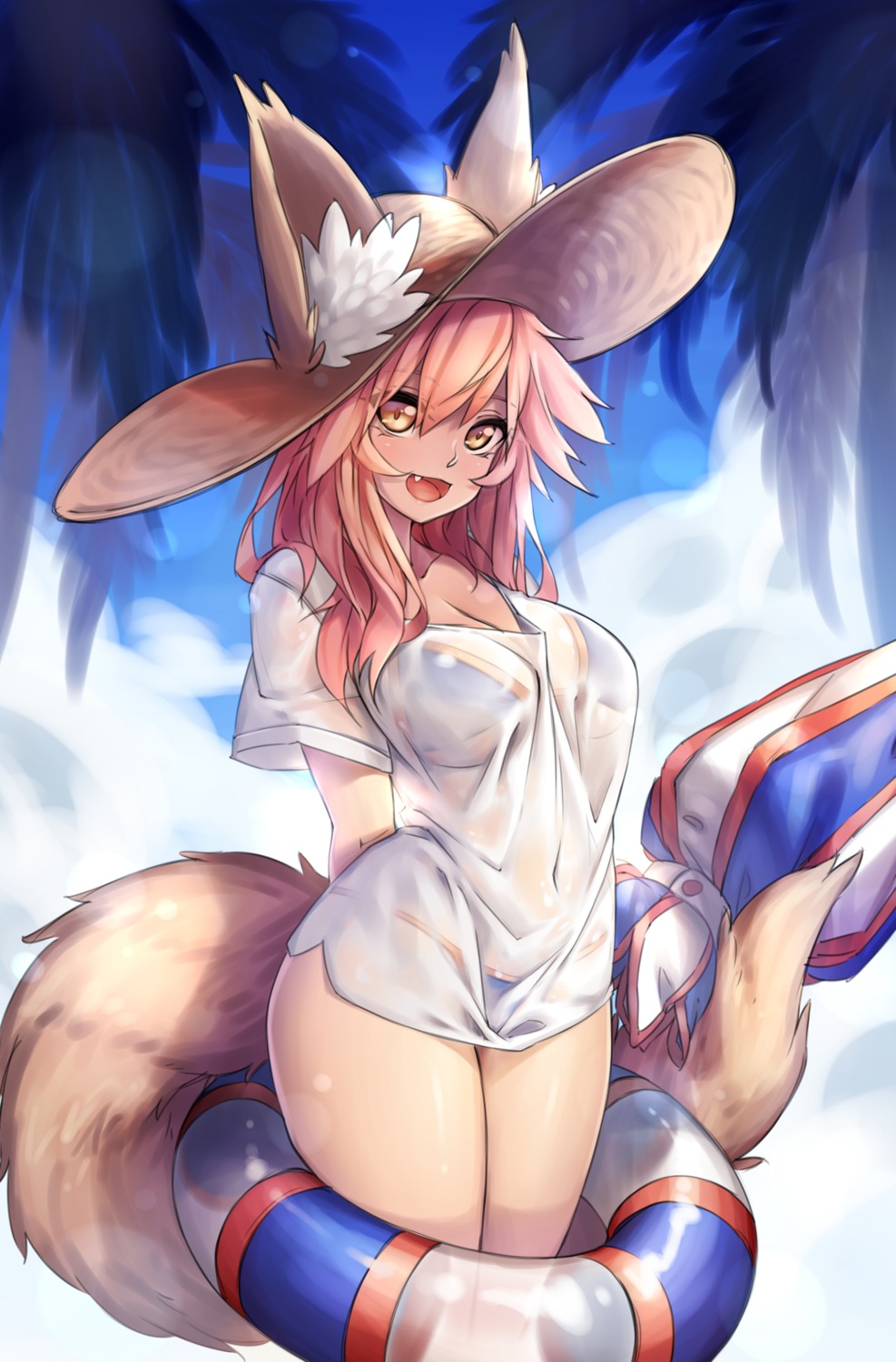 animal_ears bikini cleavage fate/extra fate/grand_order fate/stay_night see_through swimsuits tail tamamo_no_mae wet_clothes yin-ting_tian