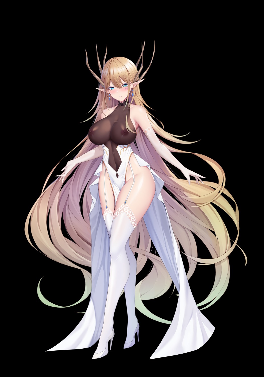 dress feng_mouren heels horns nipples no_bra nopan pointy_ears see_through stockings thighhighs