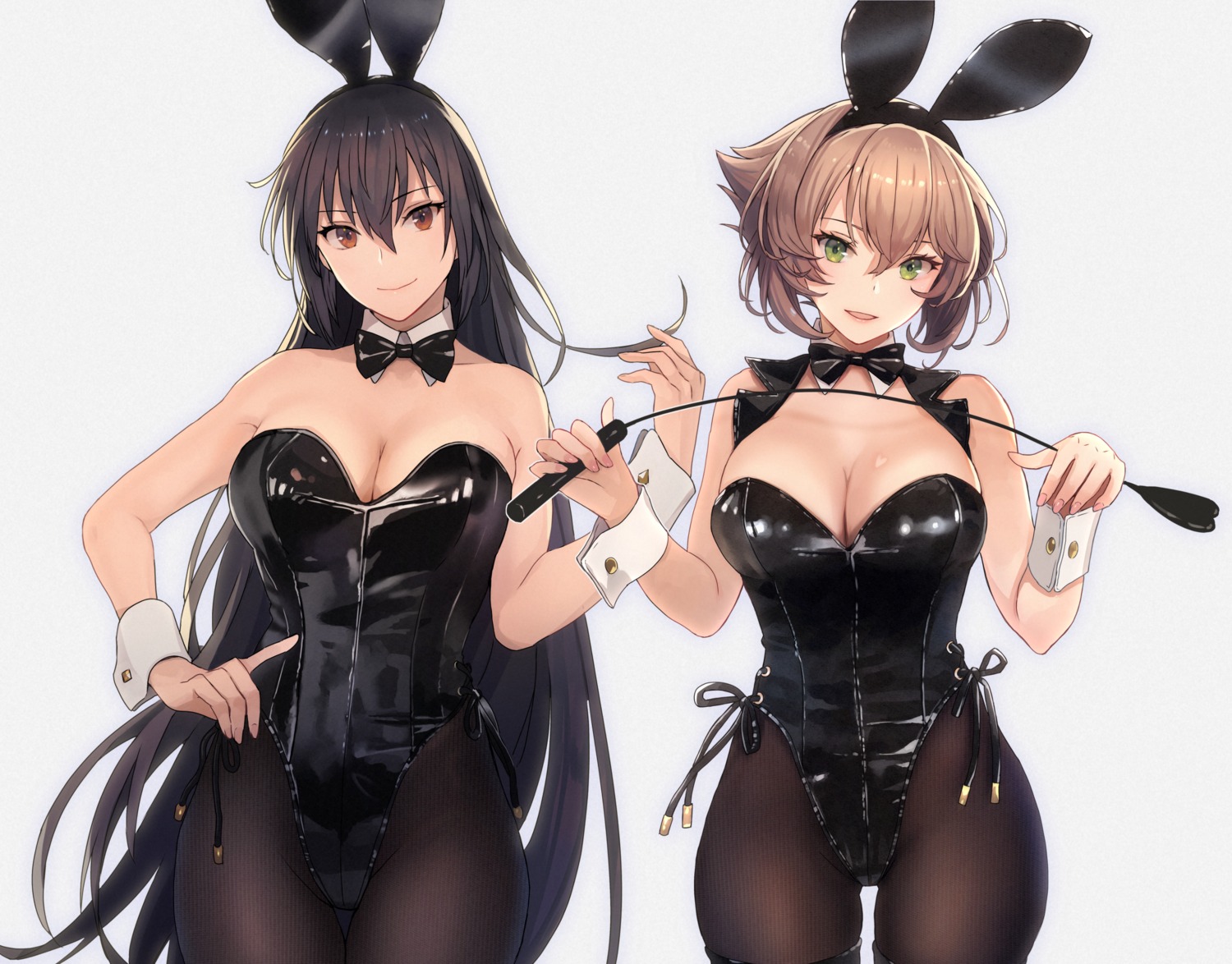 animal_ears bunny_ears bunny_girl fishnets kantai_collection kasumi_(skchkko) mutsu_(kancolle) nagato_(kancolle) no_bra pantyhose weapon