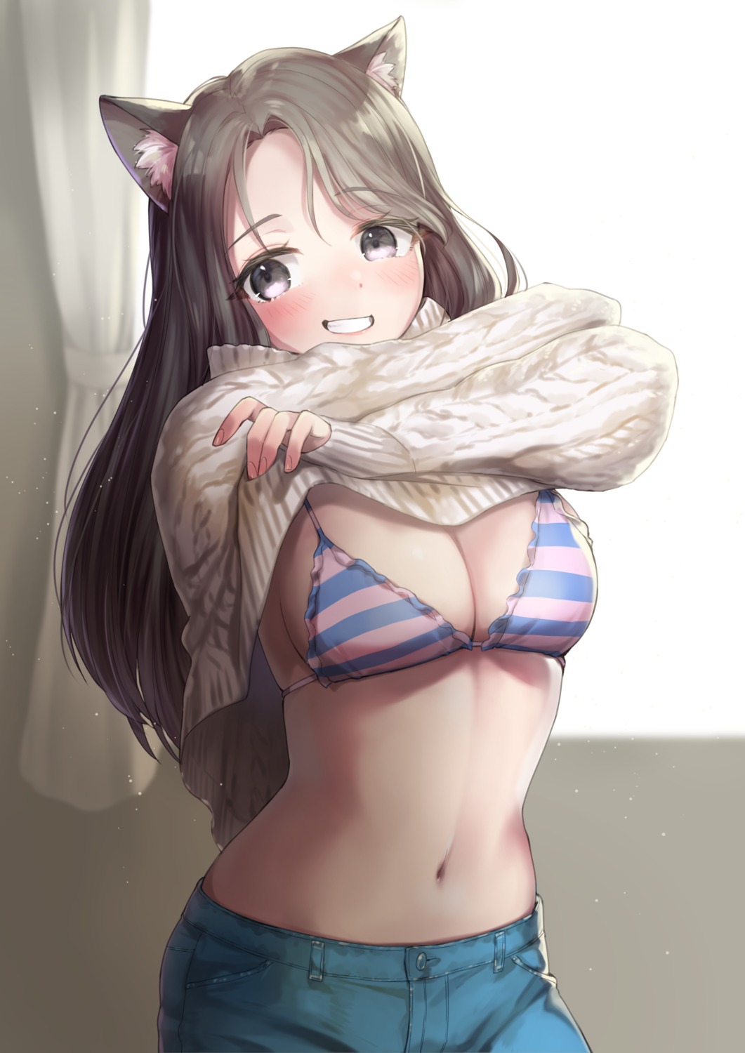 animal_ears bra nekomimi sahara1127 shirt_lift sweater undressing