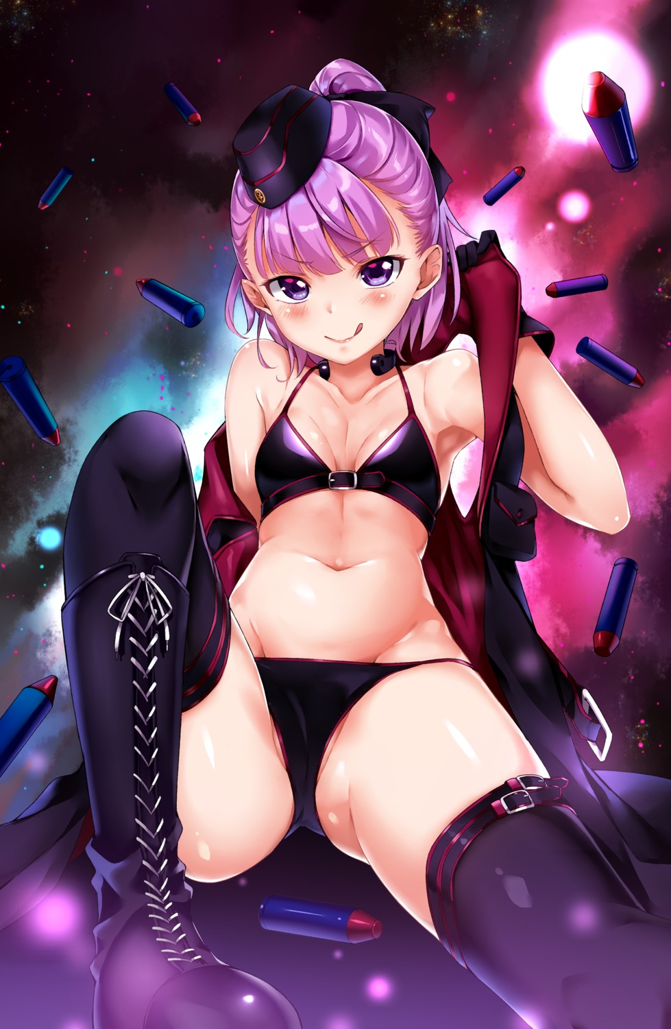 bikini cleavage fate/grand_order helena_blavatsky_(fate/grand_order) mishin_(mbmnk) open_shirt swimsuits thighhighs undressing