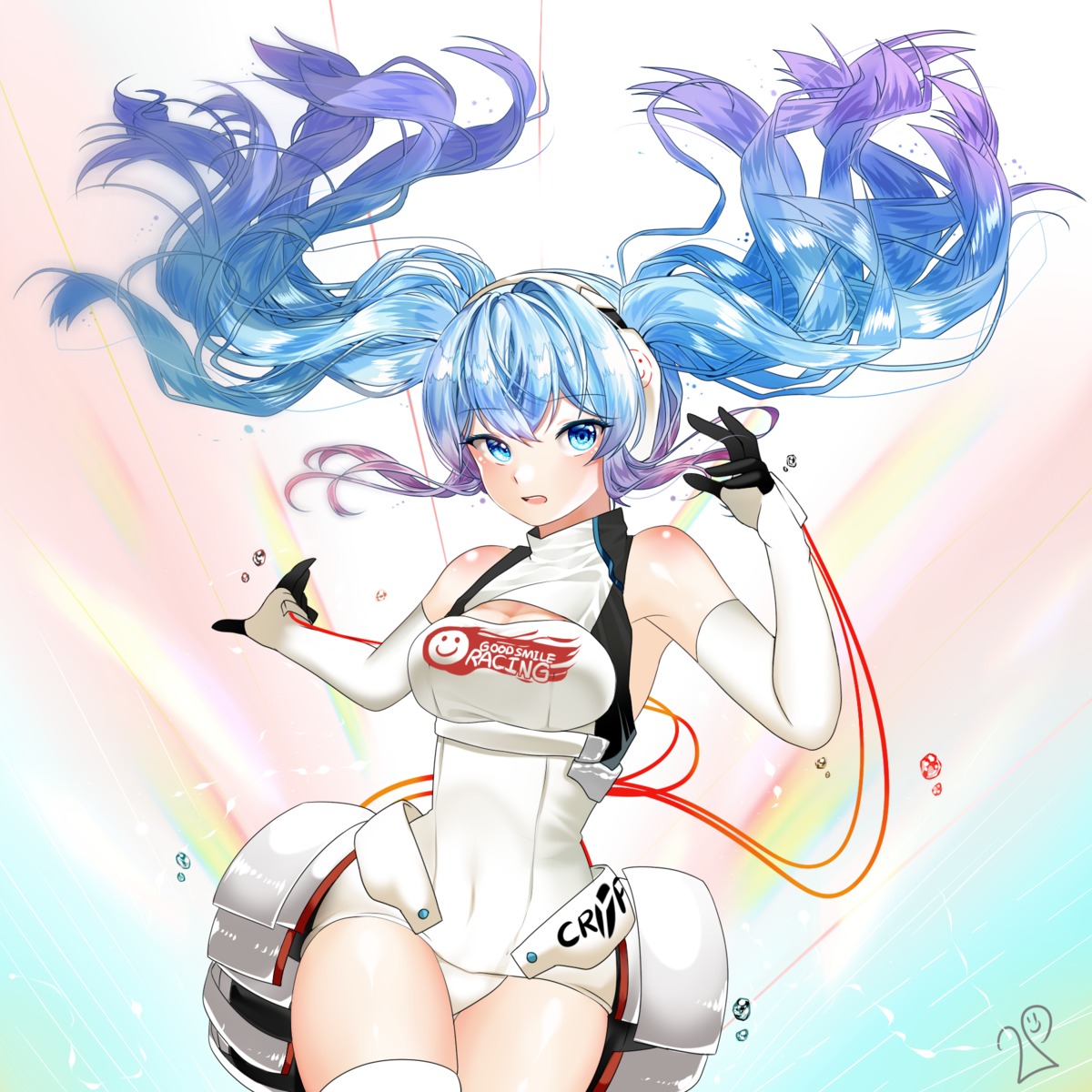 bodysuit cleavage goodsmile_racing hatsune_miku headphones lepoule_(kmjh90) racing_miku thighhighs vocaloid