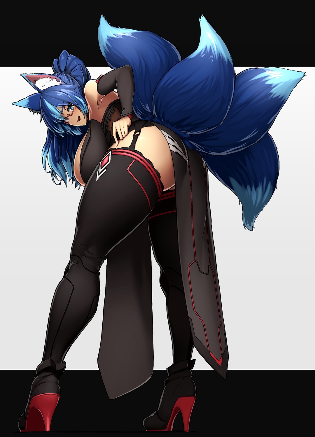 animal_ears ass heels japanese_clothes kitsune megane no_bra stockings tail thighhighs xyv_1