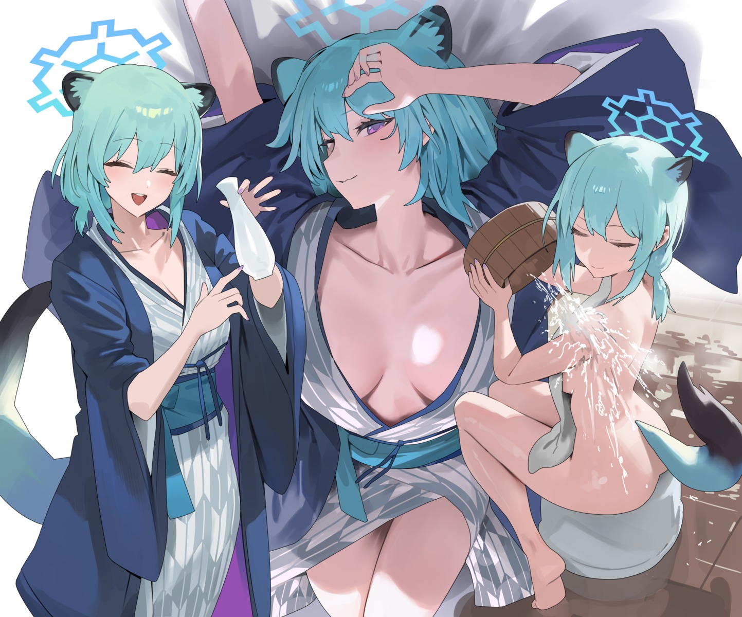 animal_ears blue_archive halo hood_(james_x) mayoi_shigure naked no_bra tail towel yukata