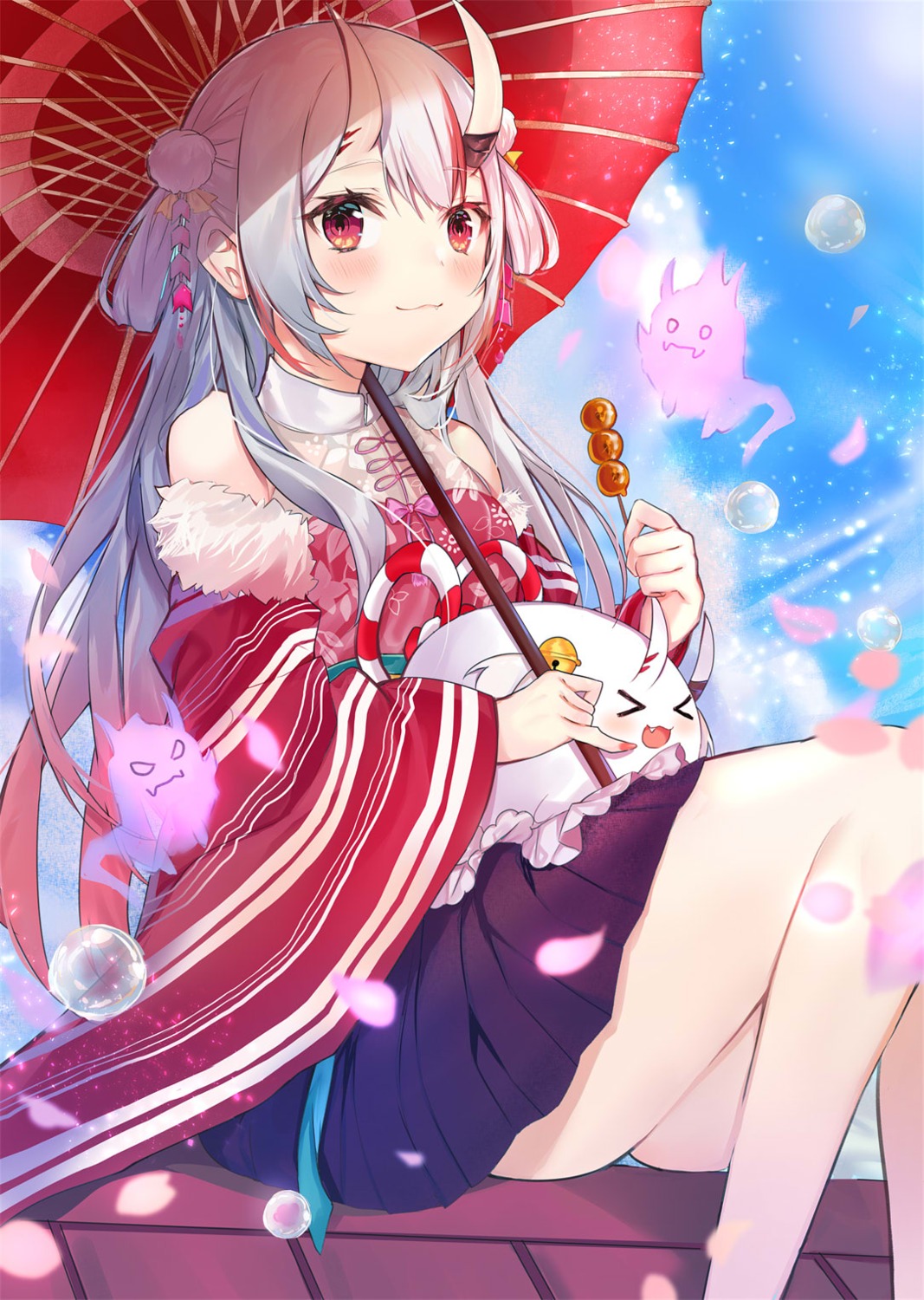 hololive horns japanese_clothes nakiri_ayame nanakagura umbrella