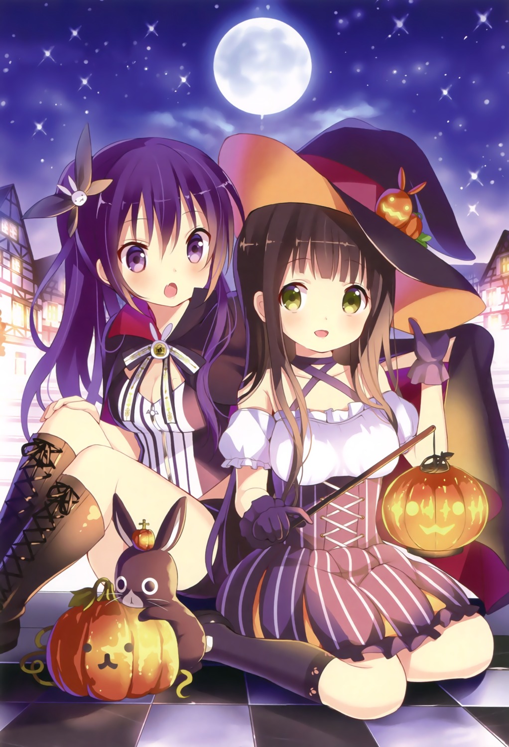 anko_(gochuumon_wa_usagi_desuka?) cleavage dress gochuumon_wa_usagi_desu_ka? halloween koi tedeza_rize thighhighs ujimatsu_chiya witch