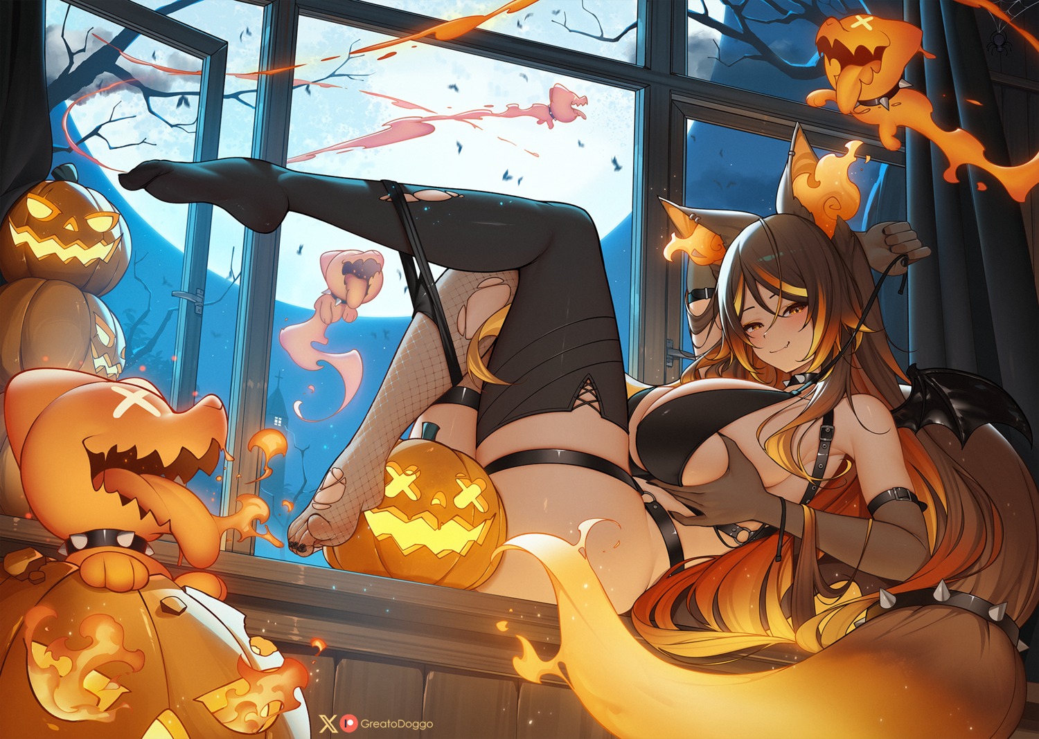 animal_ears bra breast_hold feet fishnets garter greatodoggo halloween indie_virtual_youtuber pantsu panty_pull sinder_(vtuber) tail thighhighs torn_clothes undressing wings