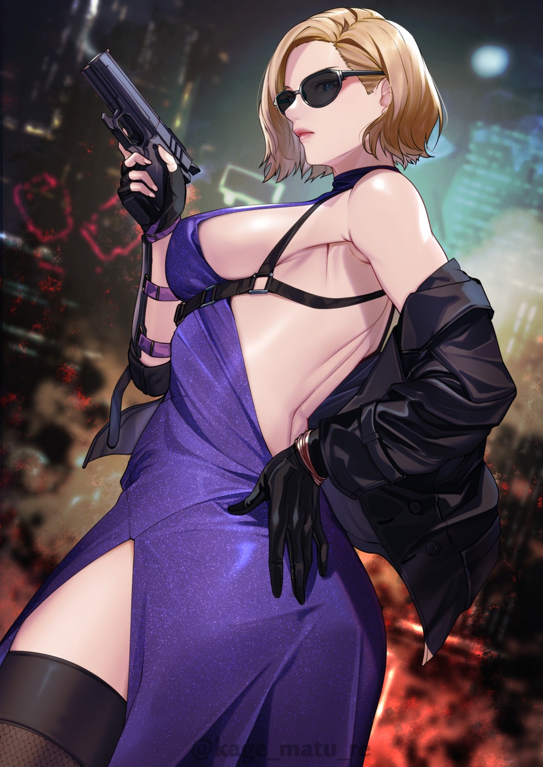 dress fishnets gun kagematsuri megane nina_williams no_bra tekken_8 thighhighs