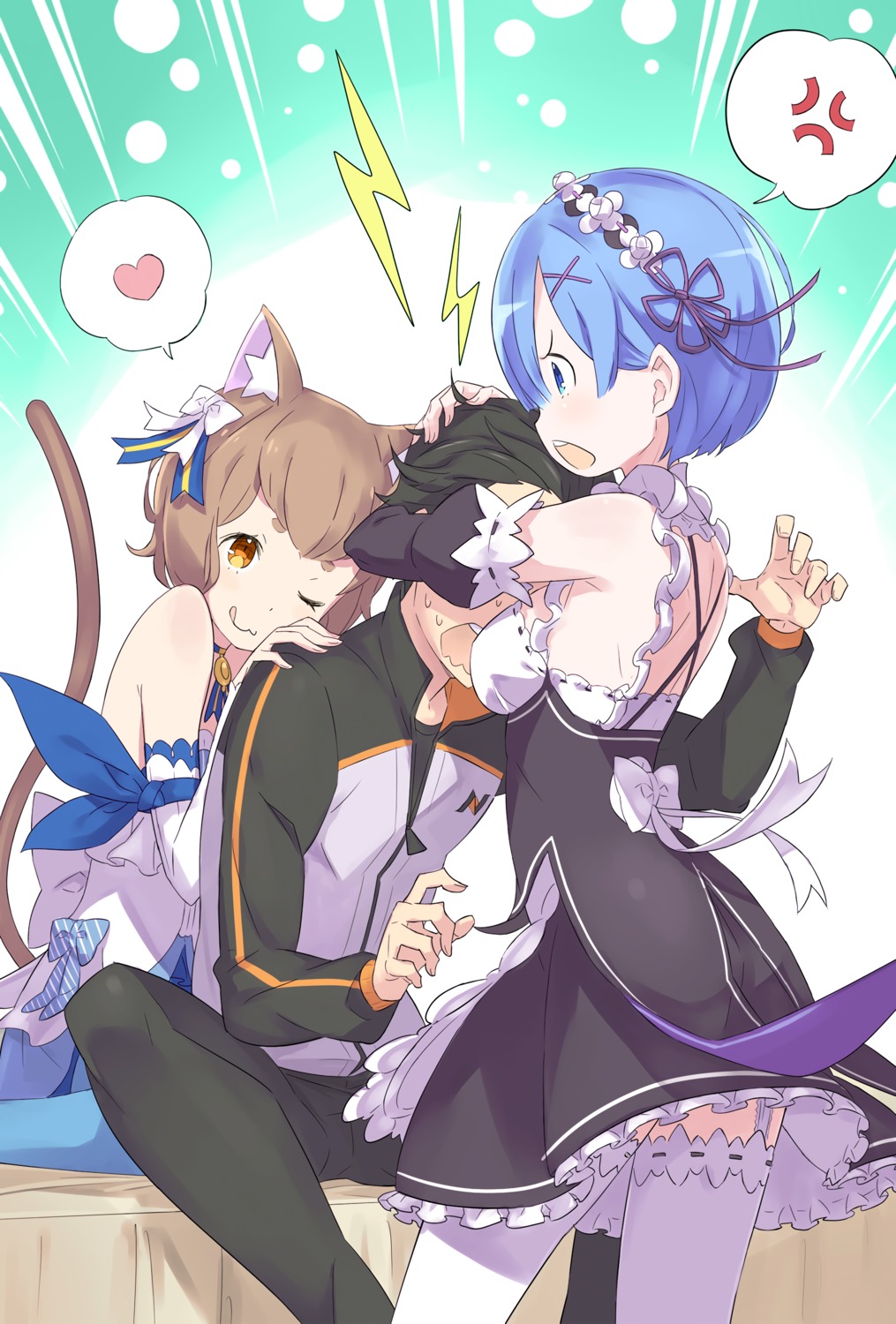 animal_ears dress felix_argyle gym_uniform maid natsuki_subaru nekomimi ootsuka_shinichirou re_zero_kara_hajimeru_isekai_seikatsu rem_(re_zero) stockings tail thighhighs