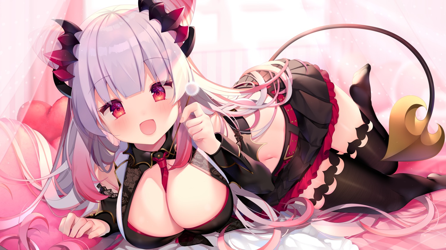 honey_strap horns nanashi_inc. no_bra shika_yuno suou_patra tail thighhighs wallpaper