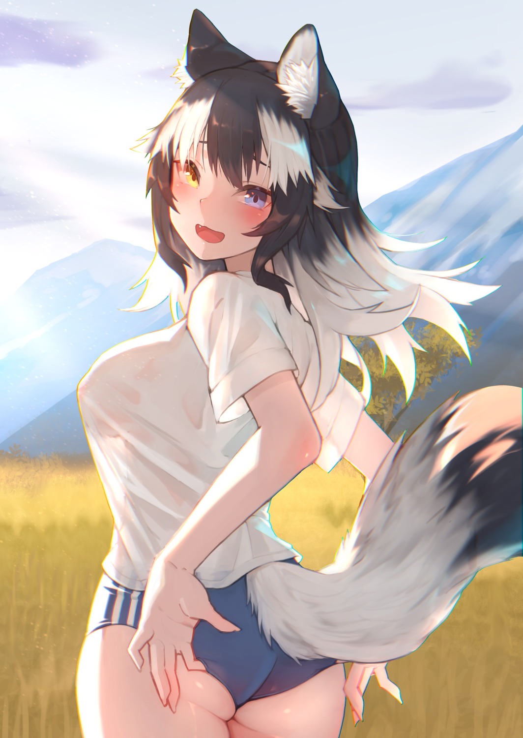 animal_ears areola ass buruma grey_wolf gym_uniform heterochromia kemono_friends no_bra see_through st.takuma tail wardrobe_malfunction