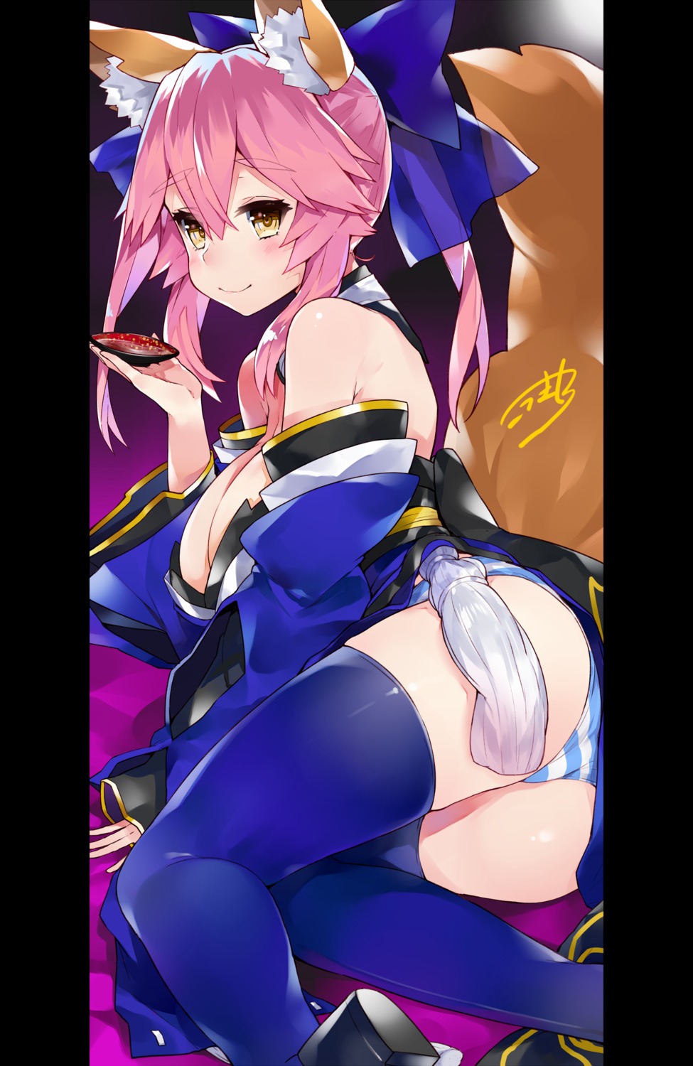 animal_ears fate/extra fate/grand_order fate/stay_night kou_mashiro pantsu shimapan tail tamamo_no_mae thighhighs