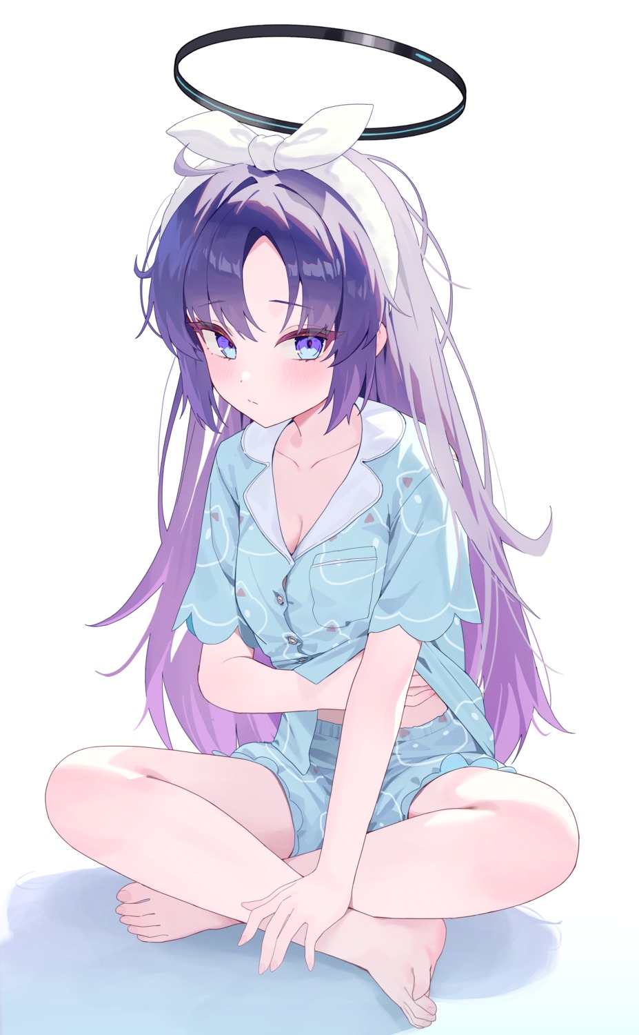 blue_archive cleavage halo hayase_yuuka pajama shirt_lift suumon