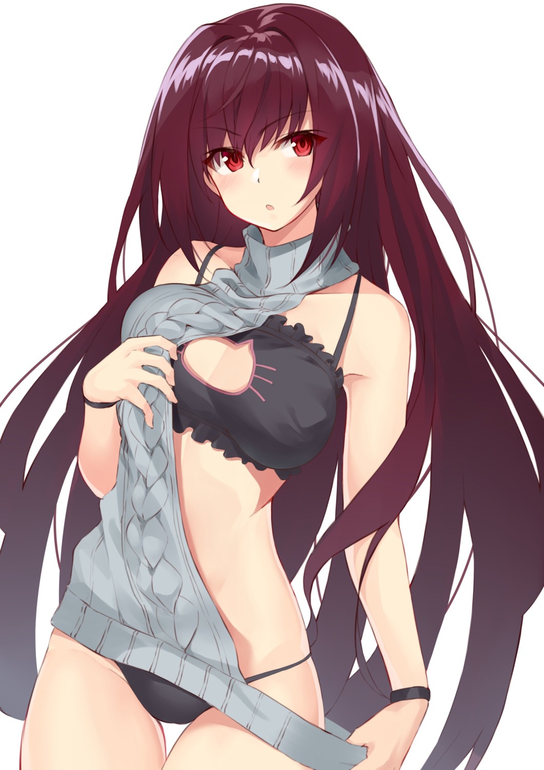 bra cleavage fate/grand_order pantsu scathach_(fate/grand_order) sweater syunichi