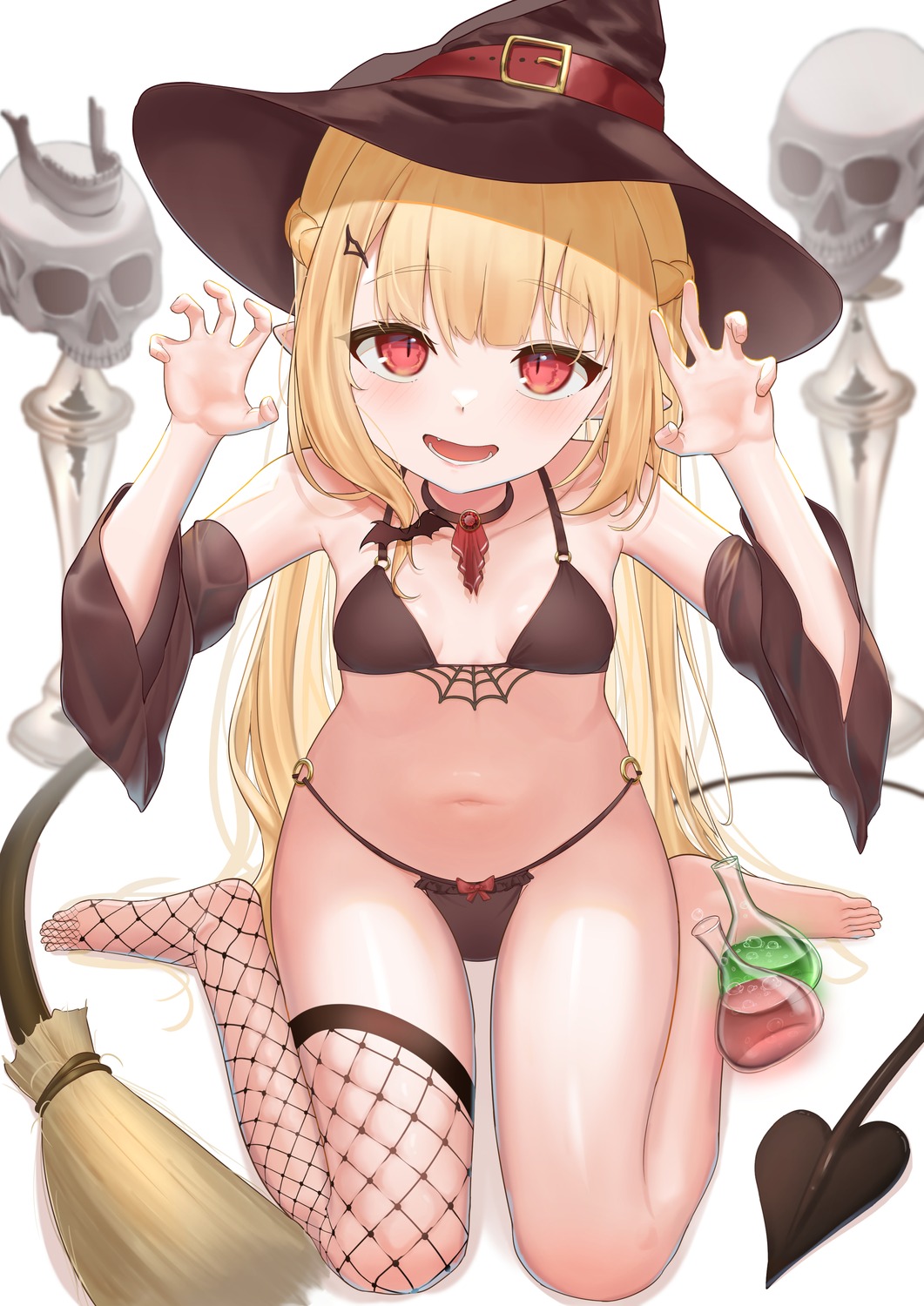 artist_revision bikini fishnets halloween harutaruouob loli pointy_ears swimsuits tail thighhighs witch