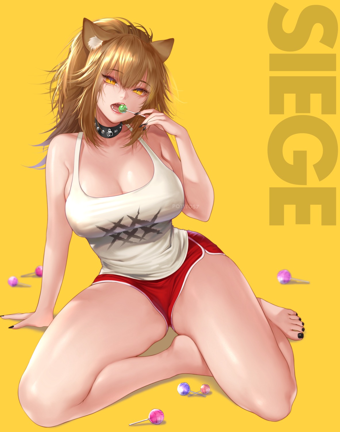 animal_ears arknights cleavage potetos7 siege_(arknights) watermark