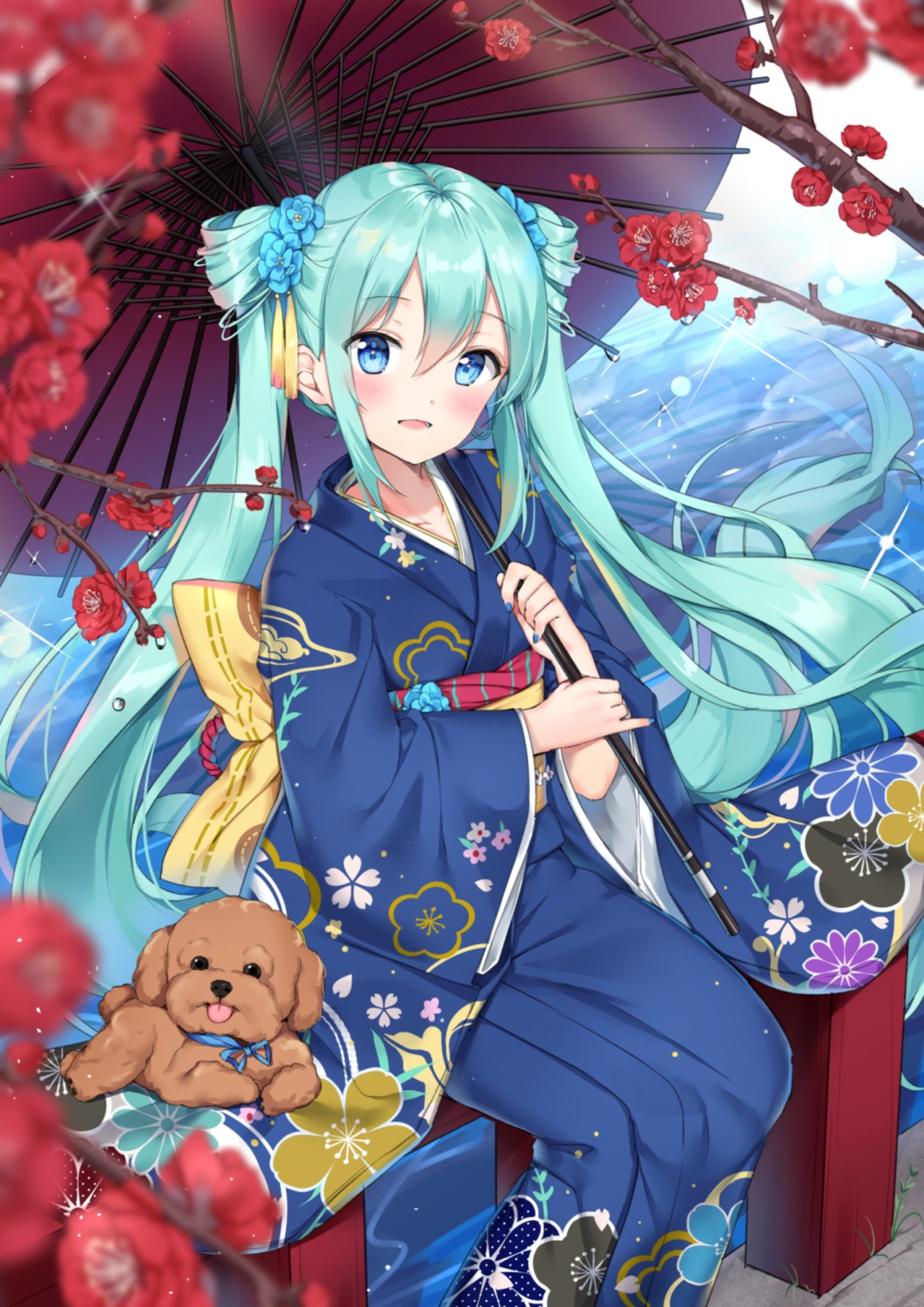 hatsune_miku japanese_clothes kimono mamemena umbrella vocaloid