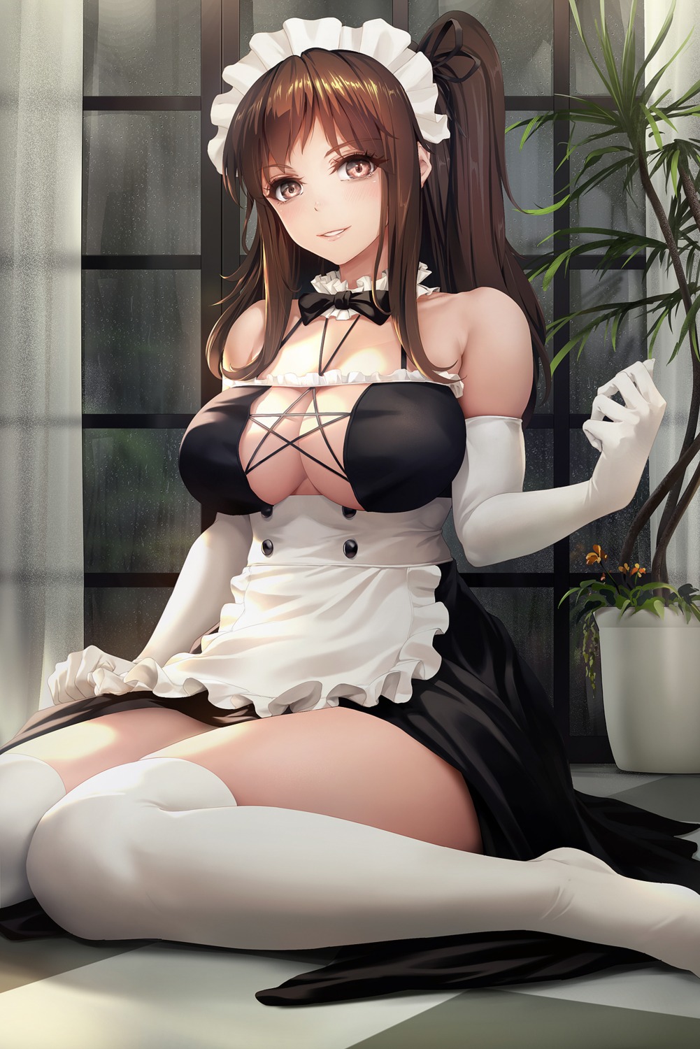 cleavage kyoumaz maid no_bra thighhighs