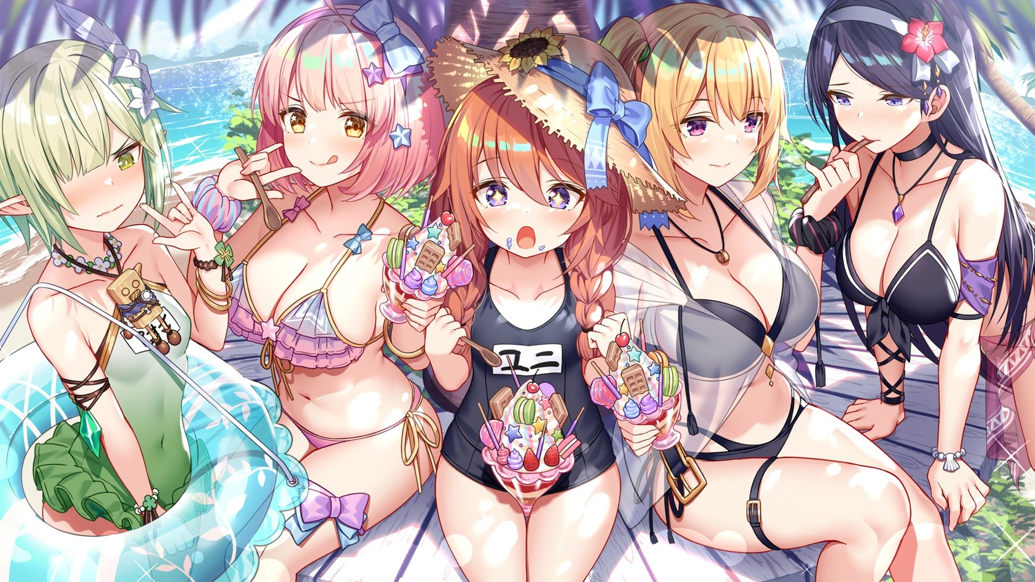 akusema bikini cream futaba_aoi_(princess_connect) garter kazama_chieru kuroe_hanako open_shirt pointy_ears princess_connect! princess_connect!_re:dive school_swimsuit see_through shingyouji_yuni swimsuits