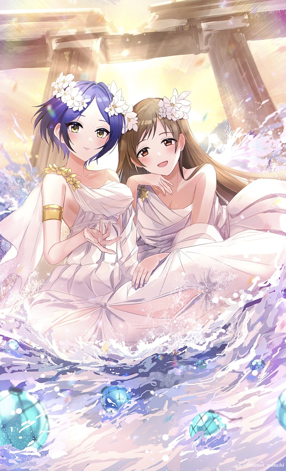 dress hayami_kanade mumei_ponchi nitta_minami no_bra the_idolm@ster the_idolm@ster_cinderella_girls wedding_dress wet