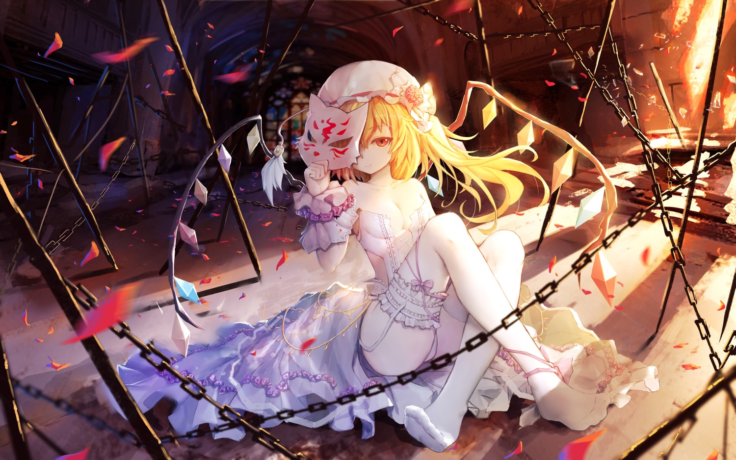 asa_ni_haru cleavage dress feet flandre_scarlet no_bra pantsu stockings thighhighs touhou wedding_dress wings