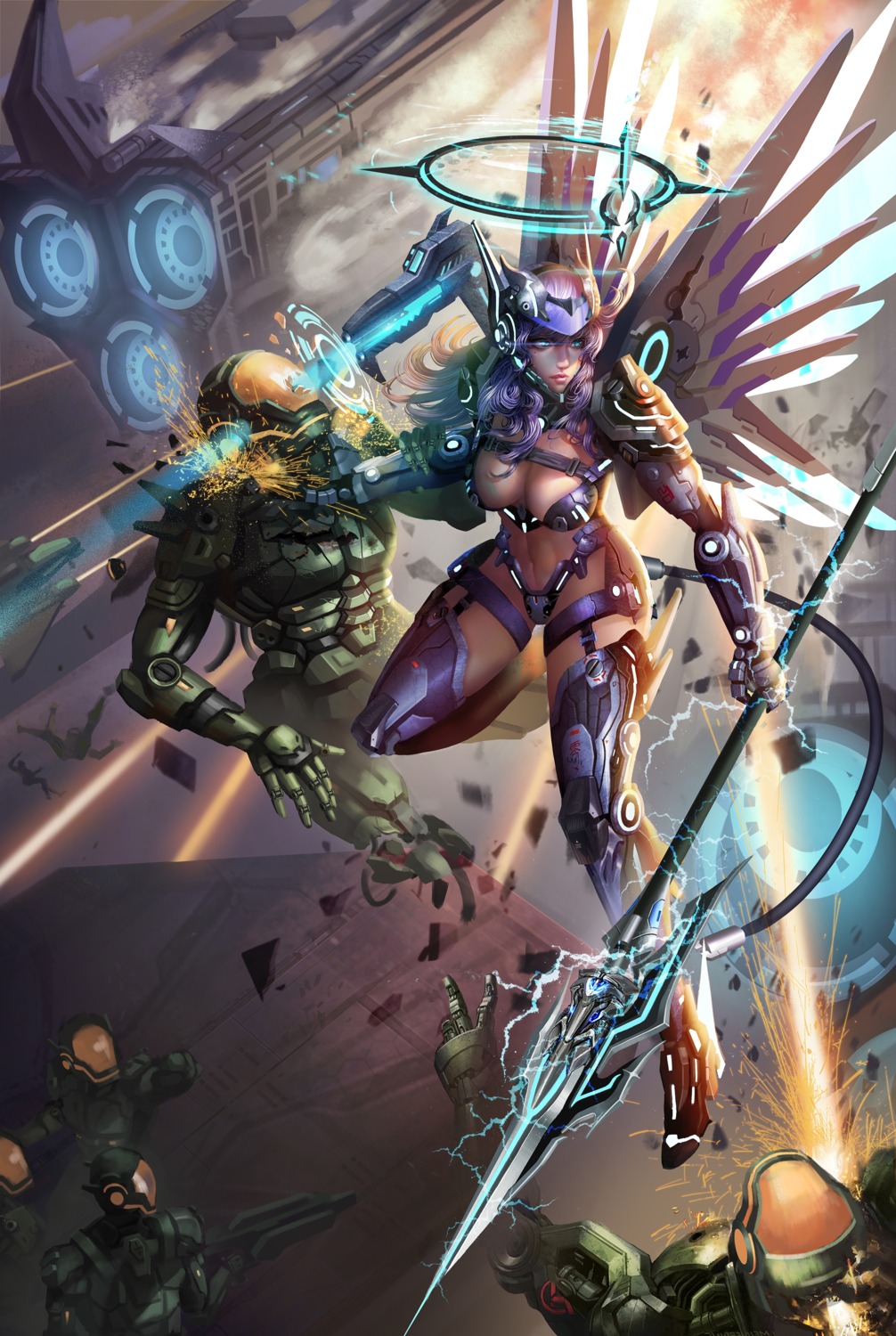 armor bikini_armor cleavage heels lazy_(kimochi11111) mecha_musume stockings thighhighs weapon wings