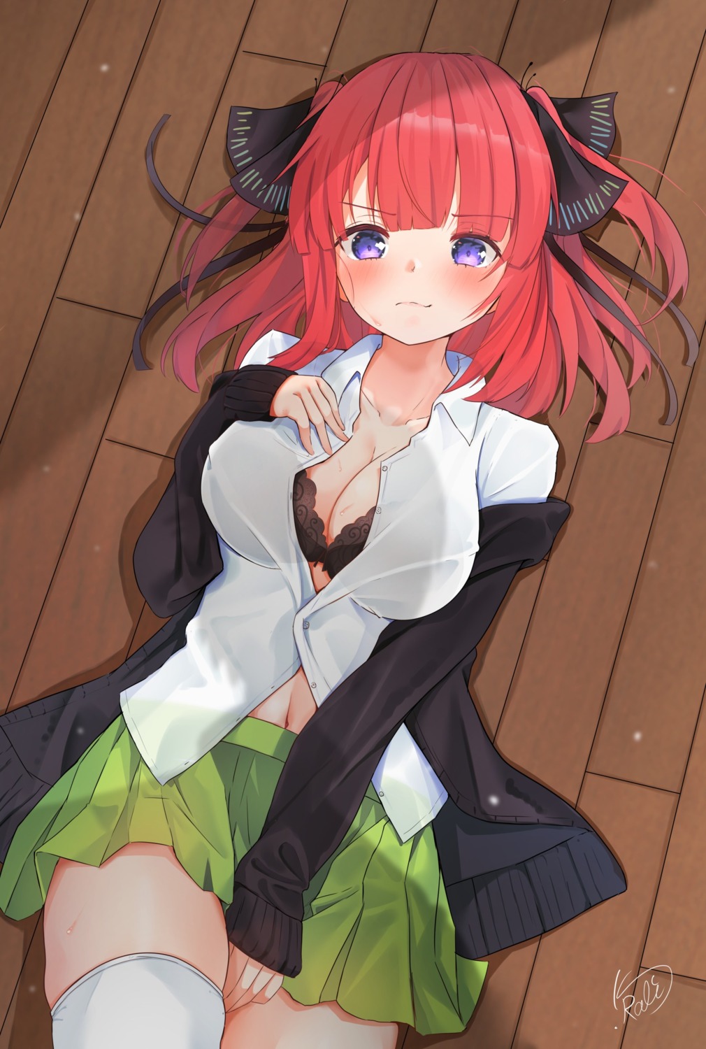 5-toubun_no_hanayome bra breast_hold cleavage kuro_rakuda nakano_nino open_shirt see_through seifuku skirt_lift sweater thighhighs wet