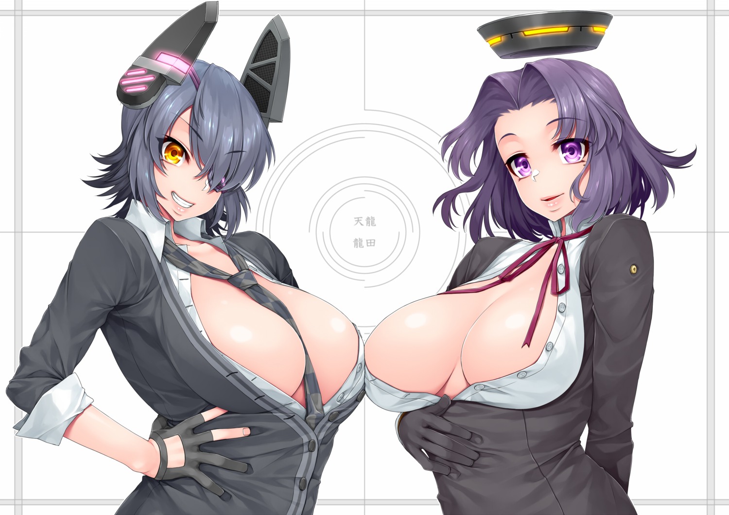 cleavage eyepatch happa_(cloverppd) kantai_collection no_bra open_shirt tatsuta_(kancolle) tenryuu_(kancolle)