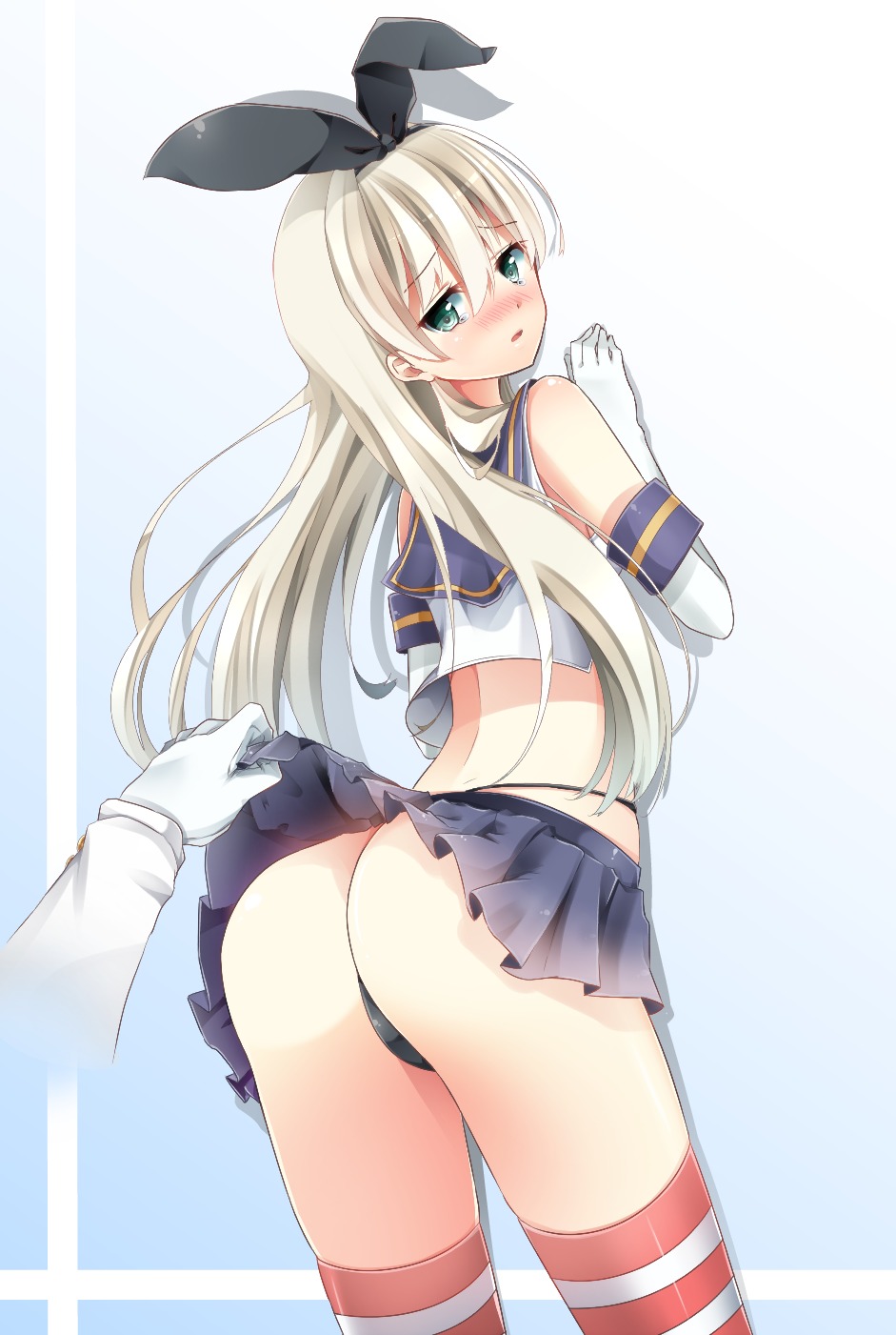 ass kantai_collection pantsu shimakaze_(kancolle) skirt_lift thighhighs thong