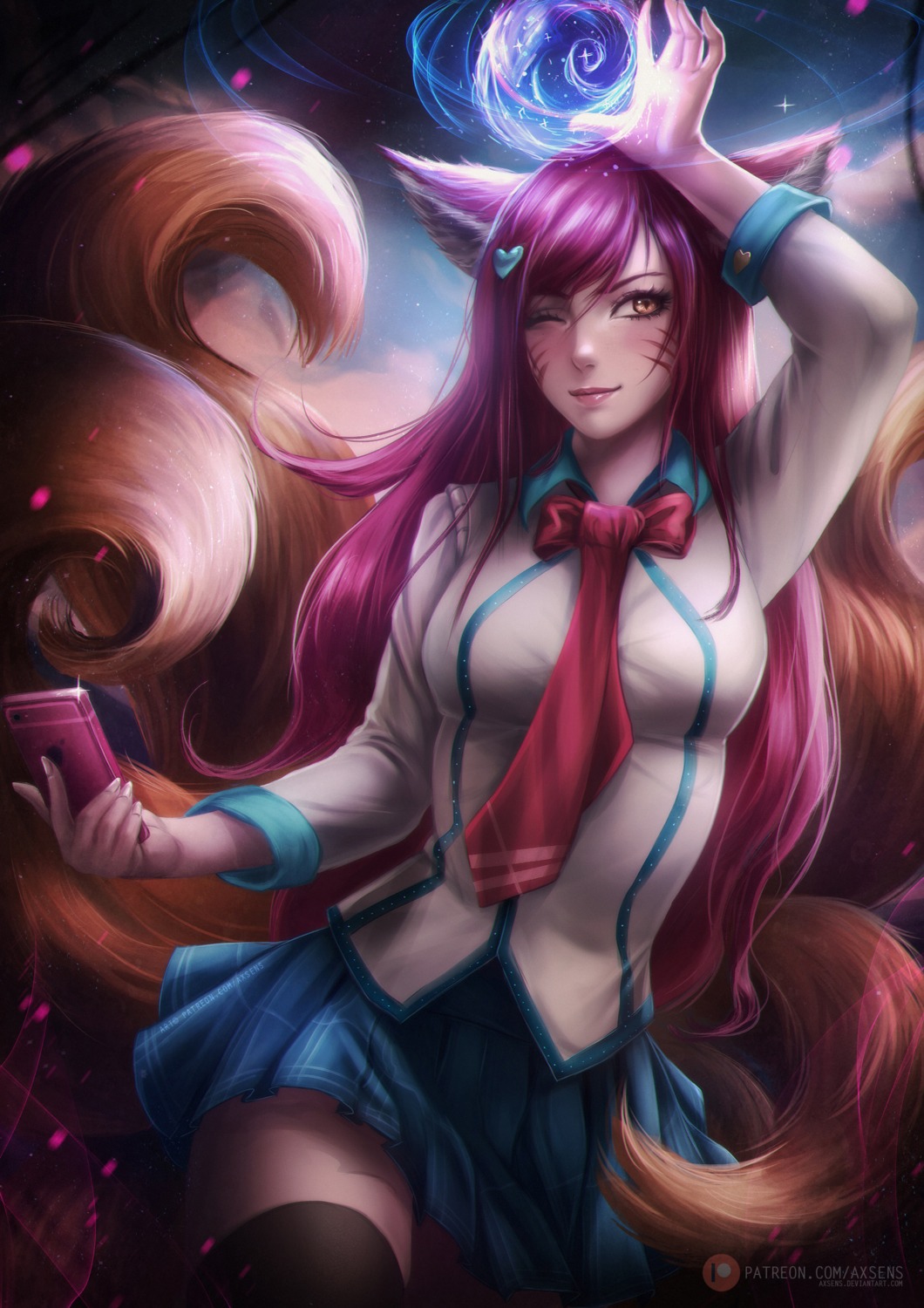 ahri animal_ears axsens kitsune league_of_legends seifuku tail thighhighs