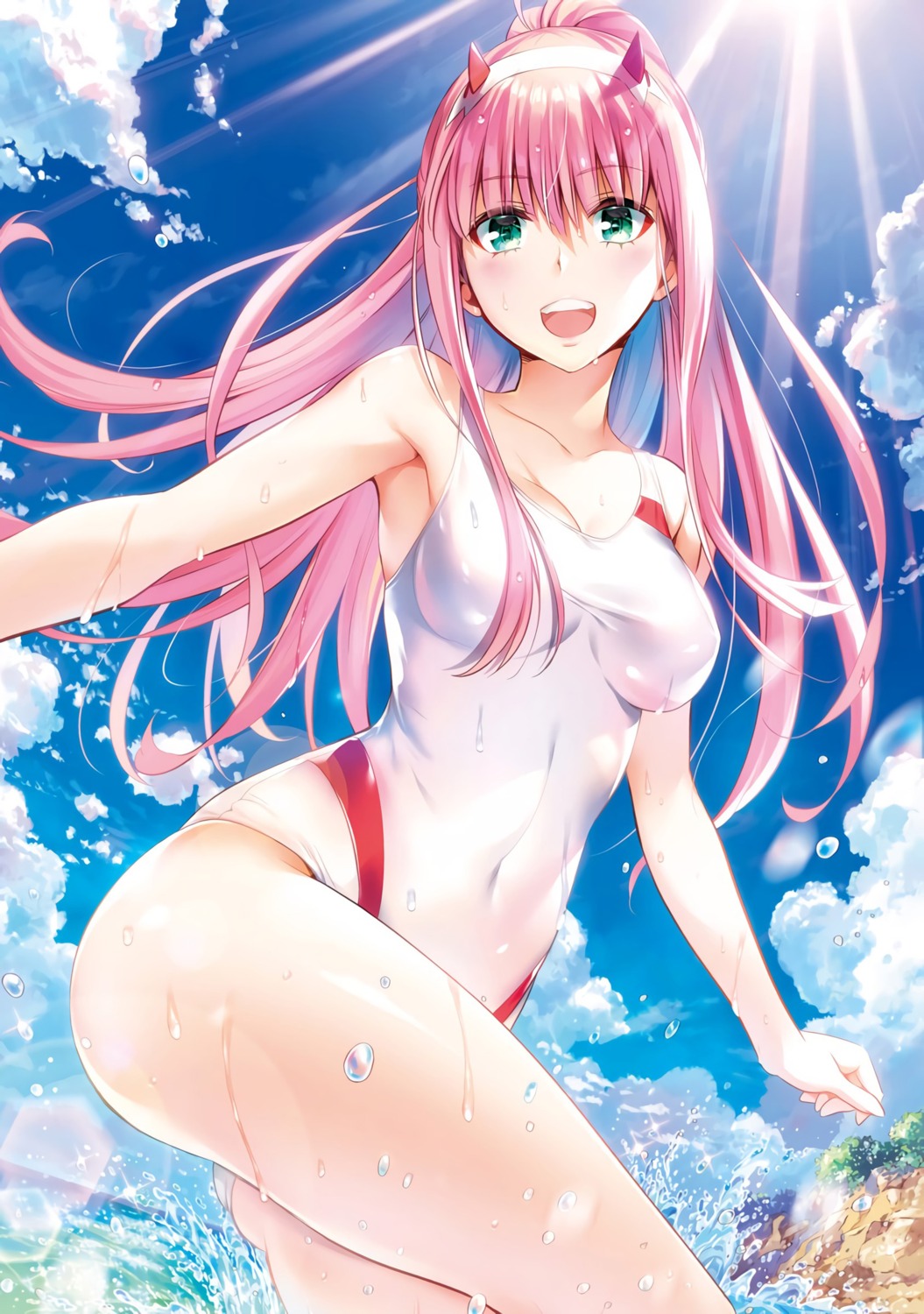 cleavage darling_in_the_franxx horns possibly_upscaled? swimsuits wet yabuki_kentarou zero_two_(darling_in_the_franxx)
