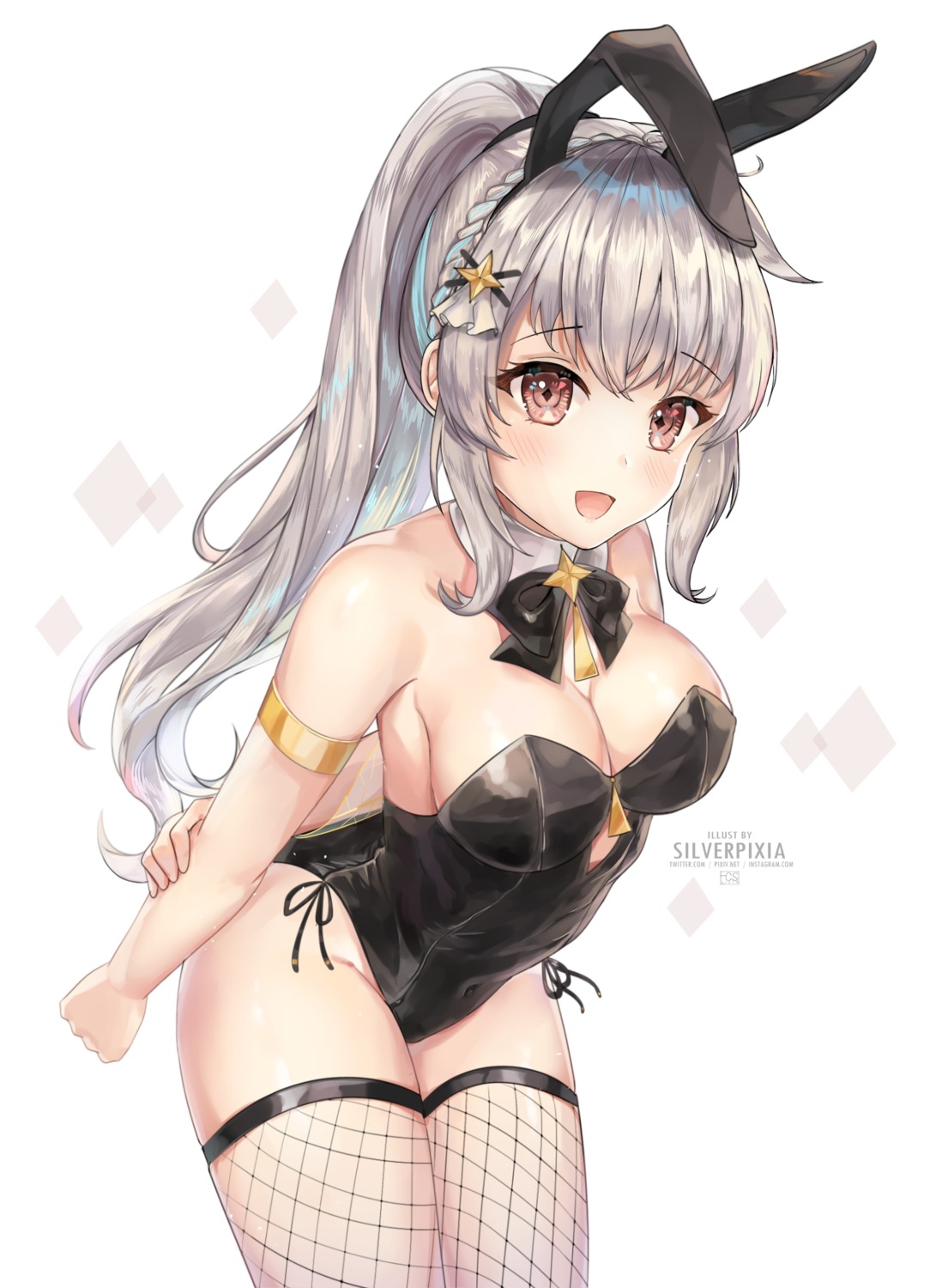 animal_ears bunny_ears cleavage fishnets no_bra silverpixia thighhighs