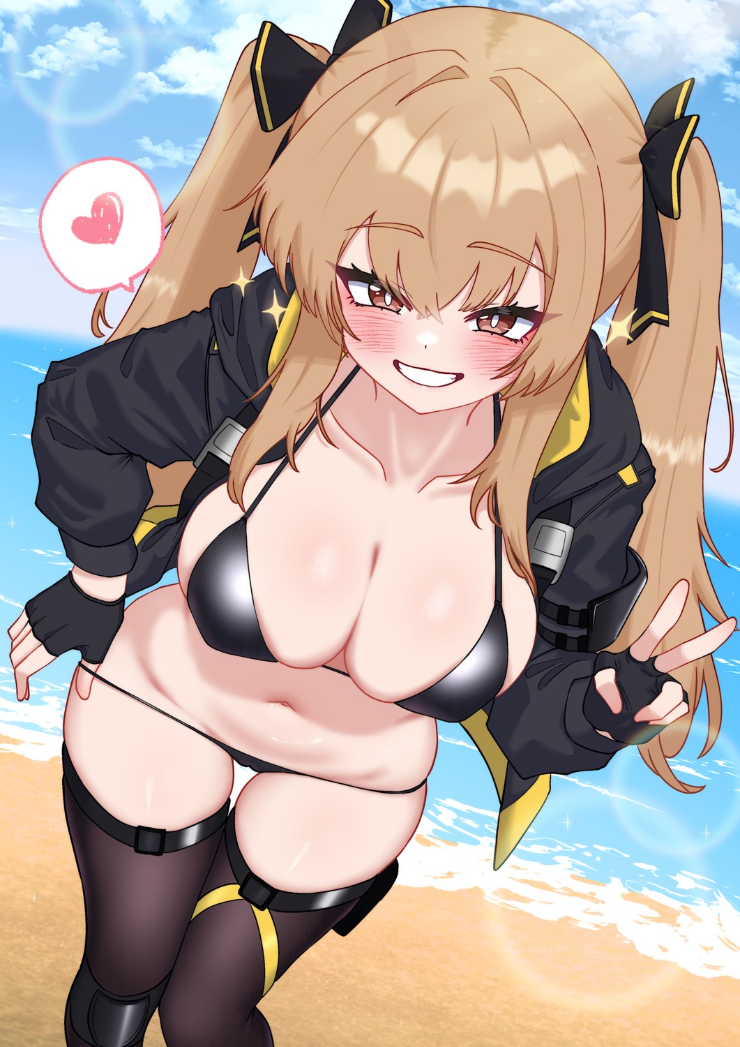 bikini cameltoe garter girls_frontline oldsickkim open_shirt panty_pull swimsuits thighhighs ump9_(girls_frontline) undressing