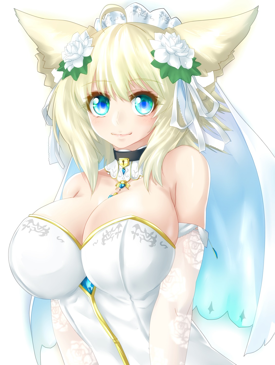 animal_ears cleavage dress minarai_tenna narulala no_bra phantasy_star_online_2 wedding_dress