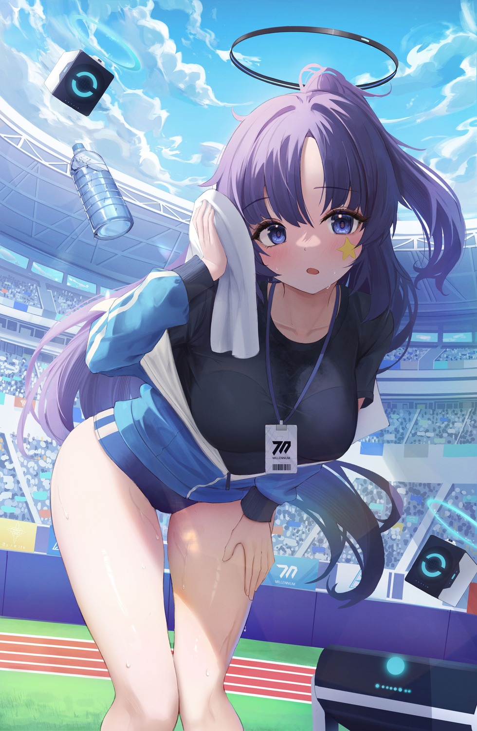 blue_archive buruma gym_uniform halo hayase_yuuka jpeg_artifacts sawa_(hwa_sawa) tattoo wet