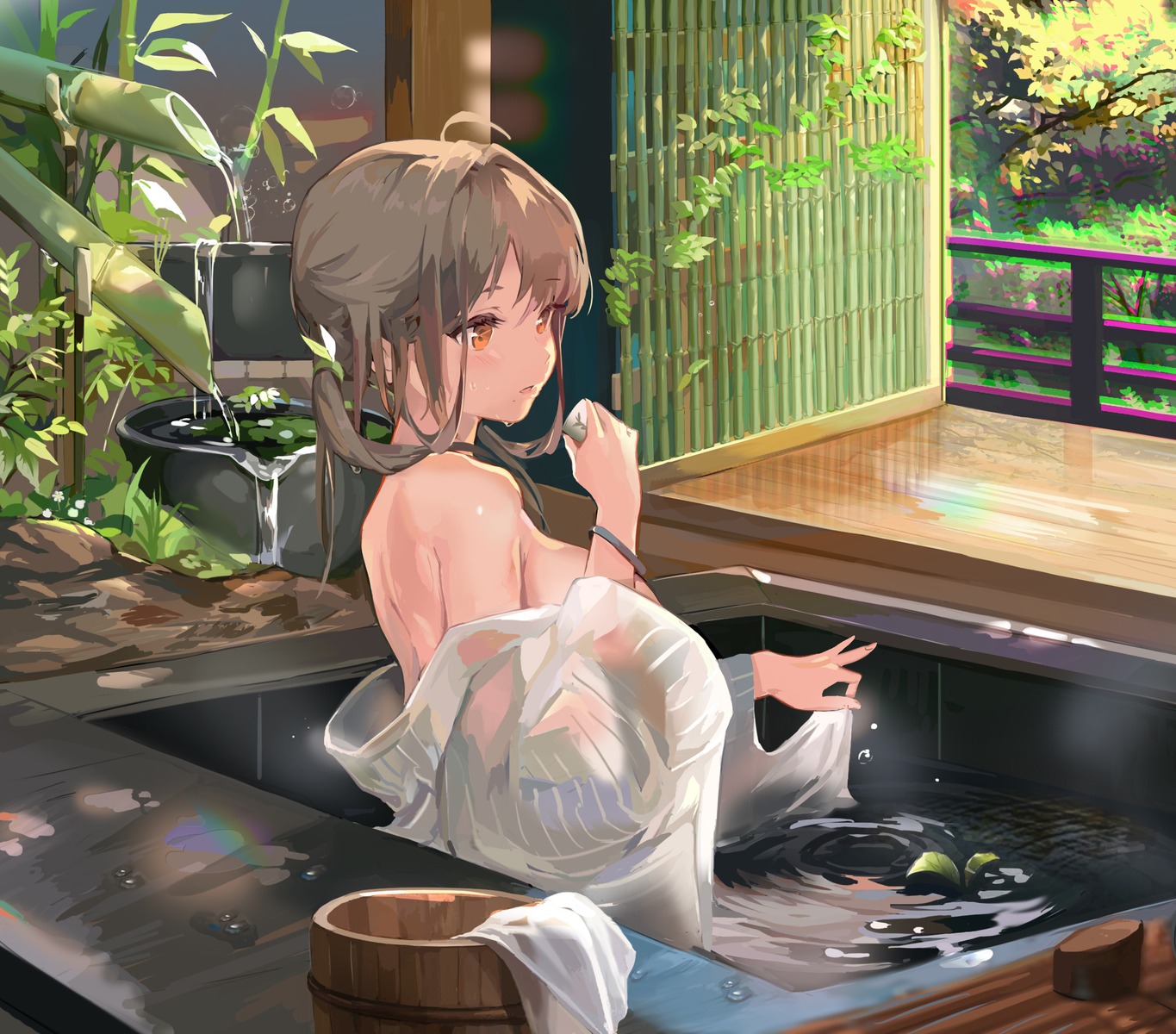 bathing japanese_clothes no_bra onsen open_shirt raincsh see_through wet wet_clothes