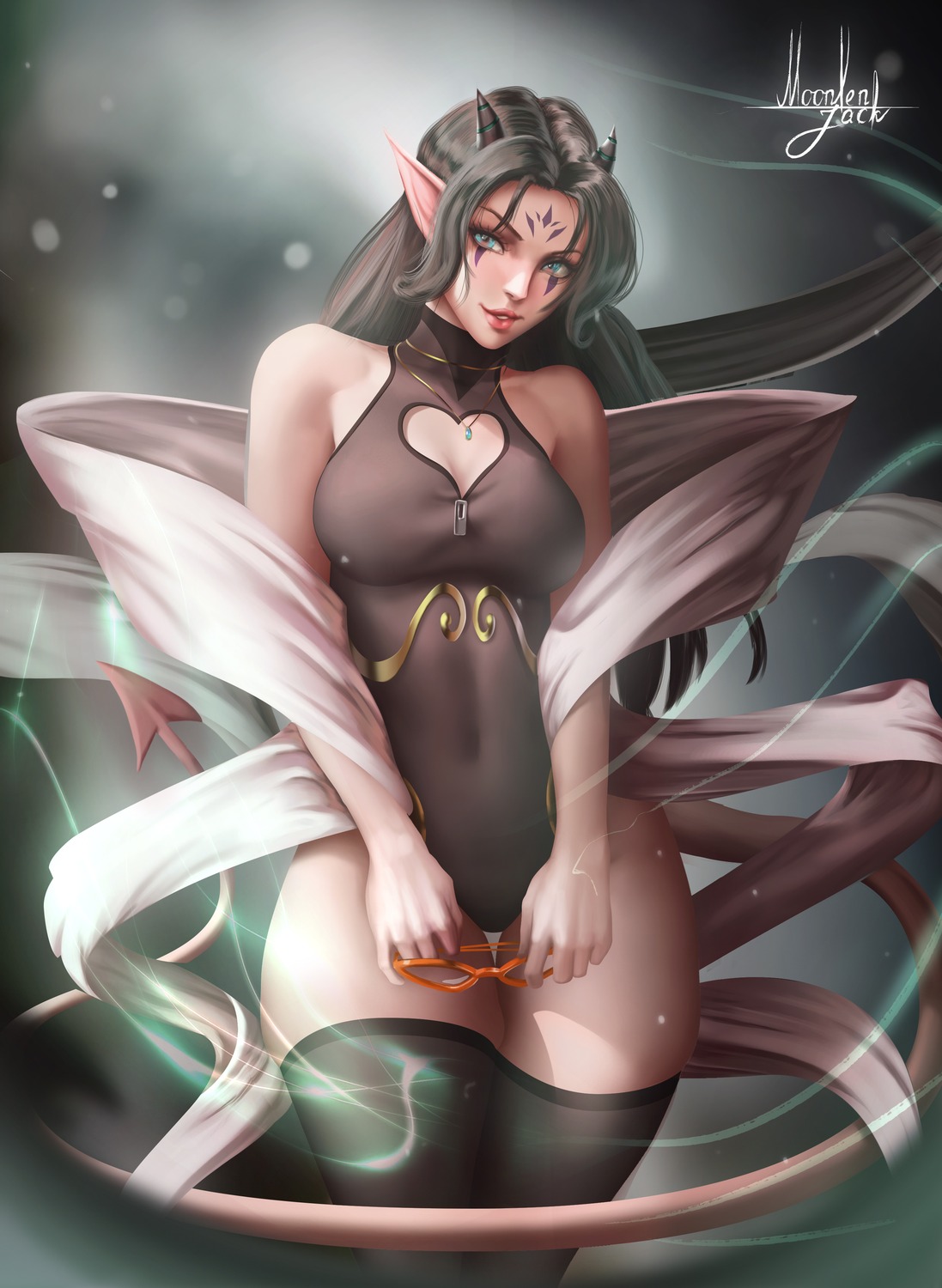 devil horns leotard moonlen_jack pointy_ears tail tattoo thighhighs