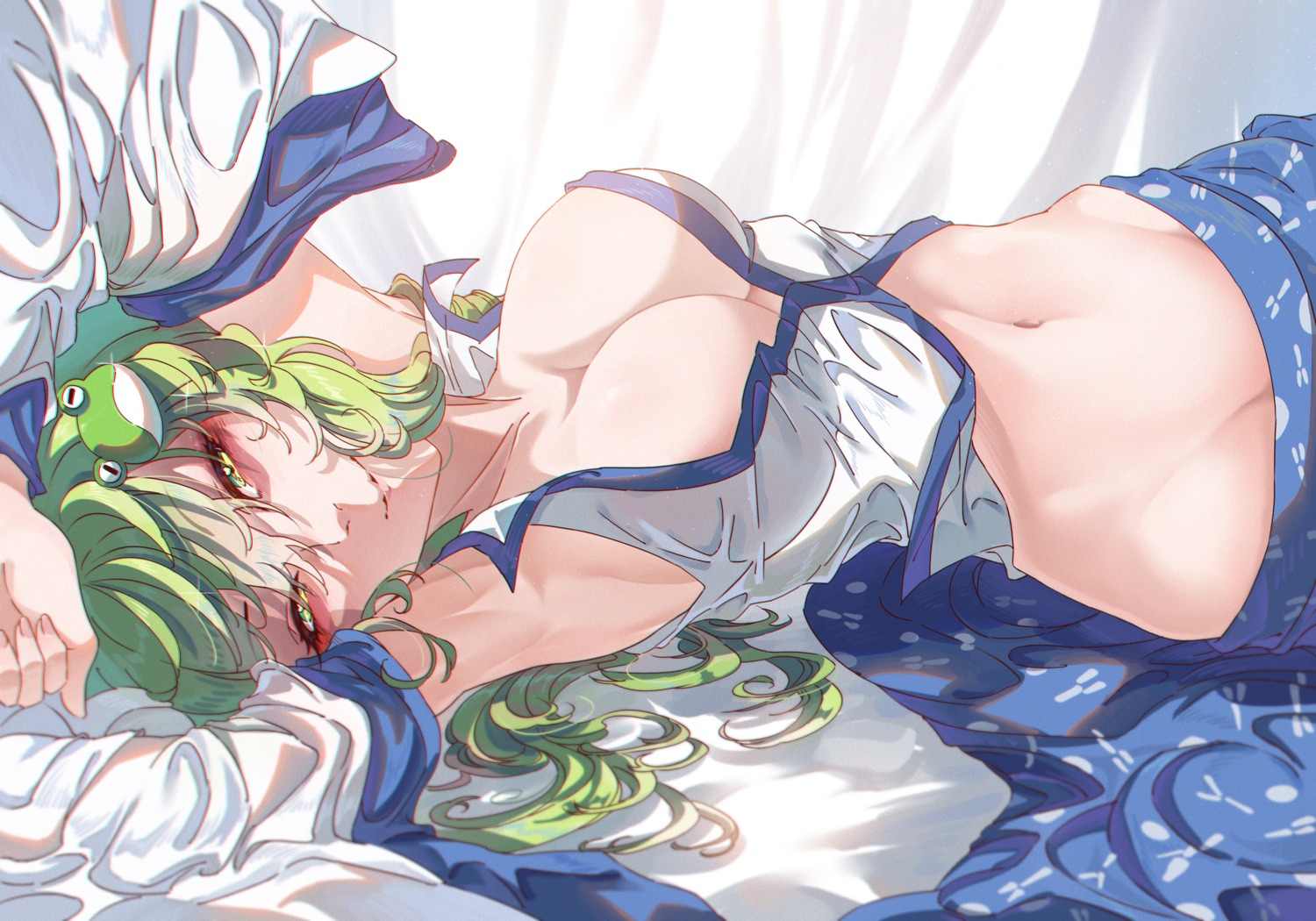 innoarukugyou kochiya_sanae no_bra open_shirt touhou