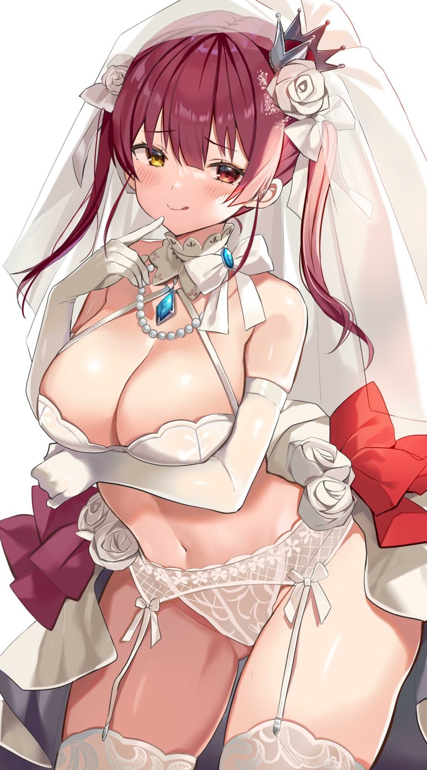 breast_hold dress garter_belt heterochromia hololive houshou_marine lingerie pantsu satoupote stockings thighhighs wedding_dress