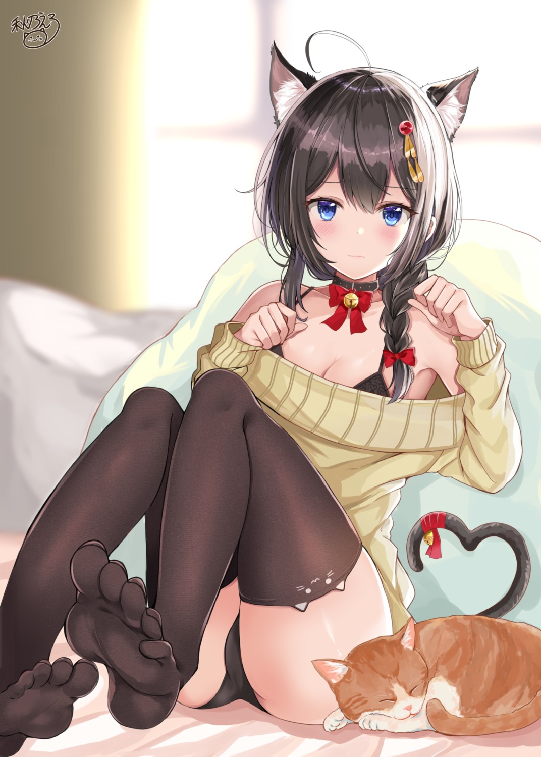 akino_ell animal_ears bra cleavage feet kantai_collection neko nekomimi pantsu shigure_(kancolle) sweater thighhighs