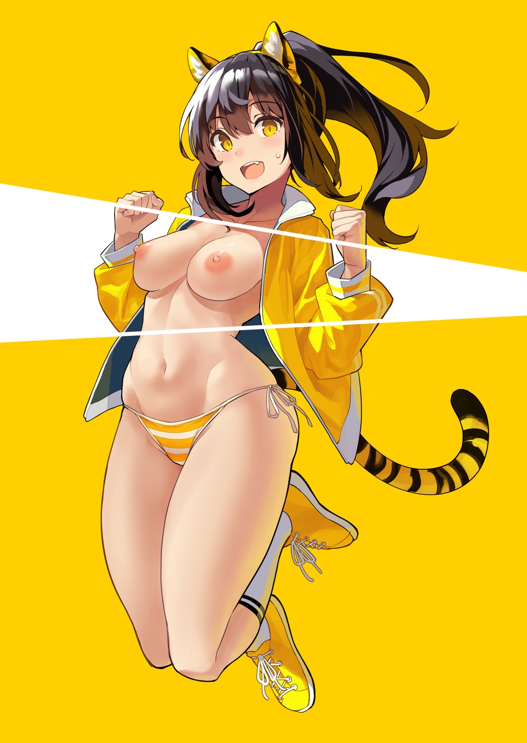 animal_ears bikini breasts kekemotsu nipples no_bra open_shirt swimsuits tail