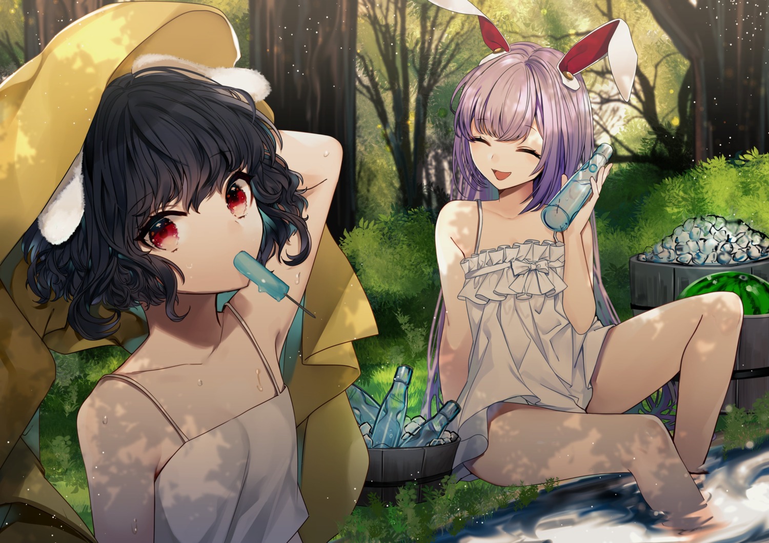 animal_ears bunny_ears daimaou_ruaeru dress inaba_tewi no_bra reisen_udongein_inaba skirt_lift summer_dress touhou wet