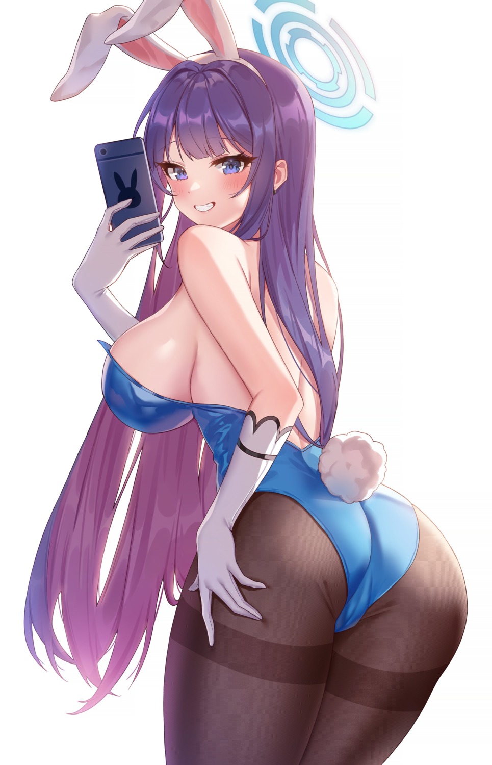 animal_ears ass blue_archive bunny_ears bunny_girl cosplay halo ichinose_asuna no_bra pantyhose pn_(wnsl216) selfie shiroki_yuna tail