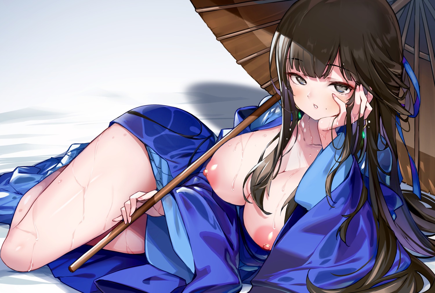 breasts hong_(white_spider) japanese_clothes legend_of_mortal nipples no_bra open_shirt umbrella wet wet_clothes xiahou_lan